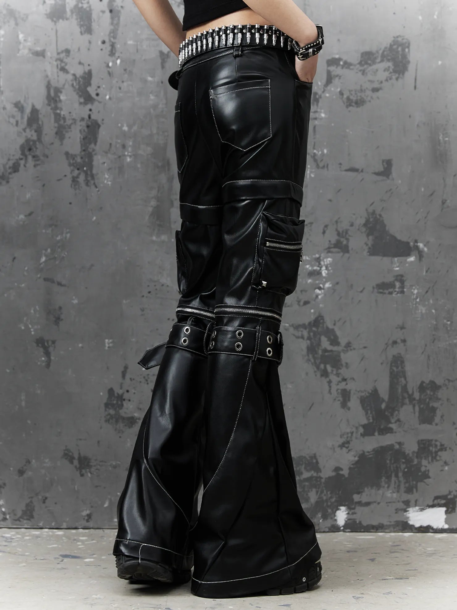 Frustration Garden Detachable Metal Punk Flared Leather Pants