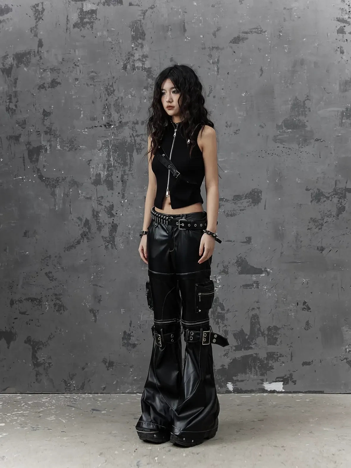 Frustration Garden Detachable Metal Punk Flared Leather Pants