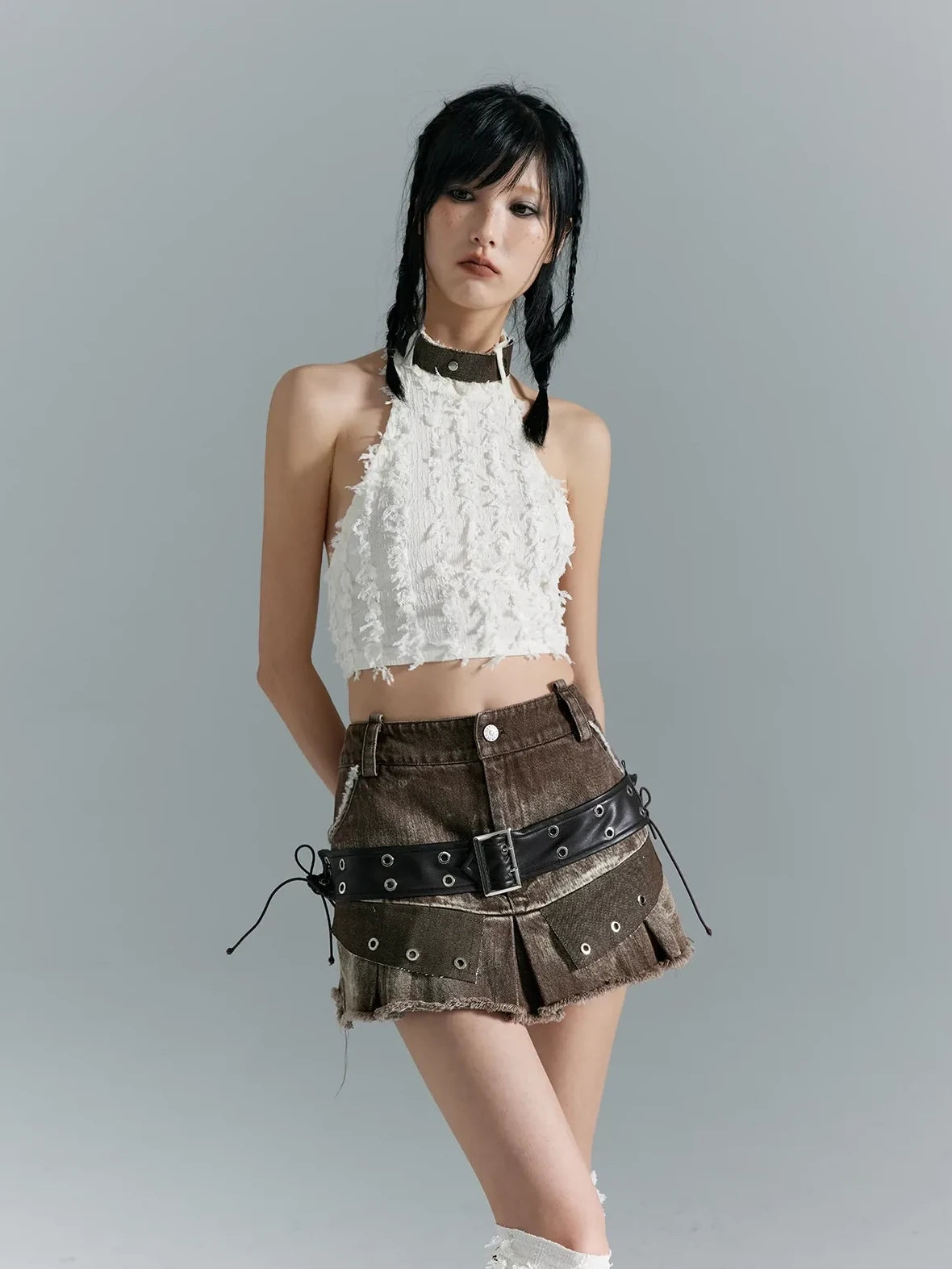 Frustration Garden Distressed Denim A Line Mini Skirt