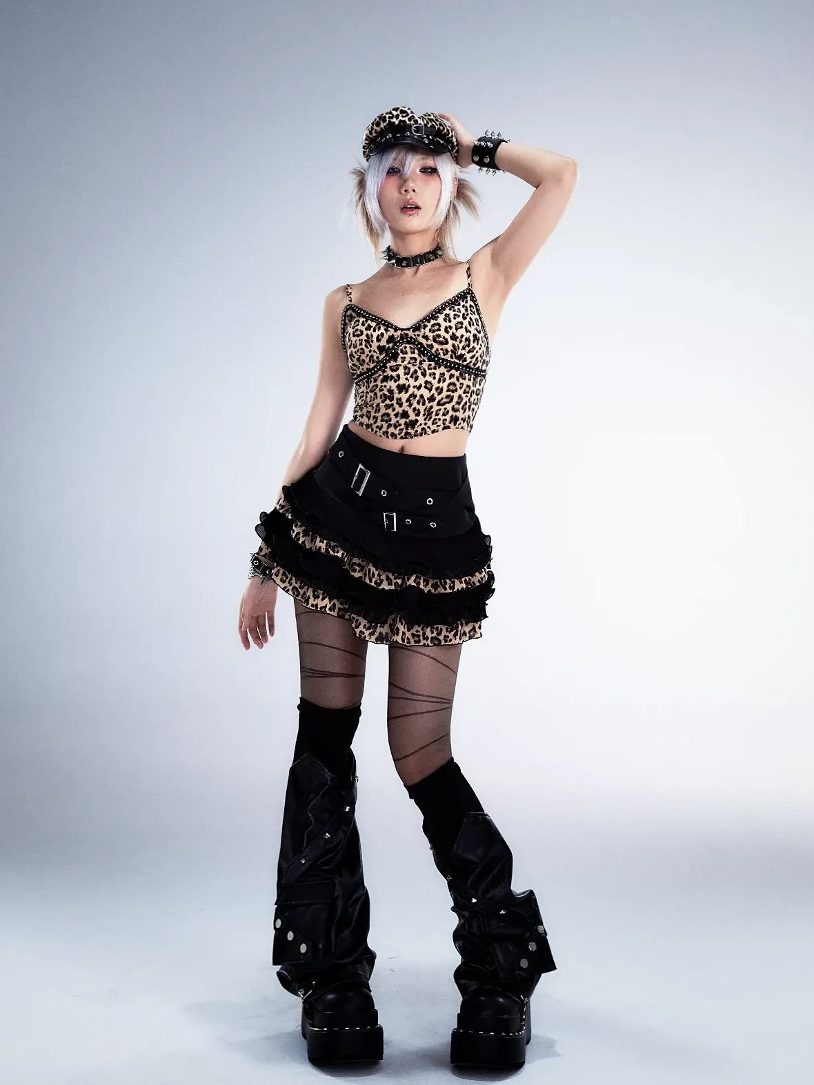 Frustration Garden Distressed Floral Leopard Print A Line Tiered Skirt