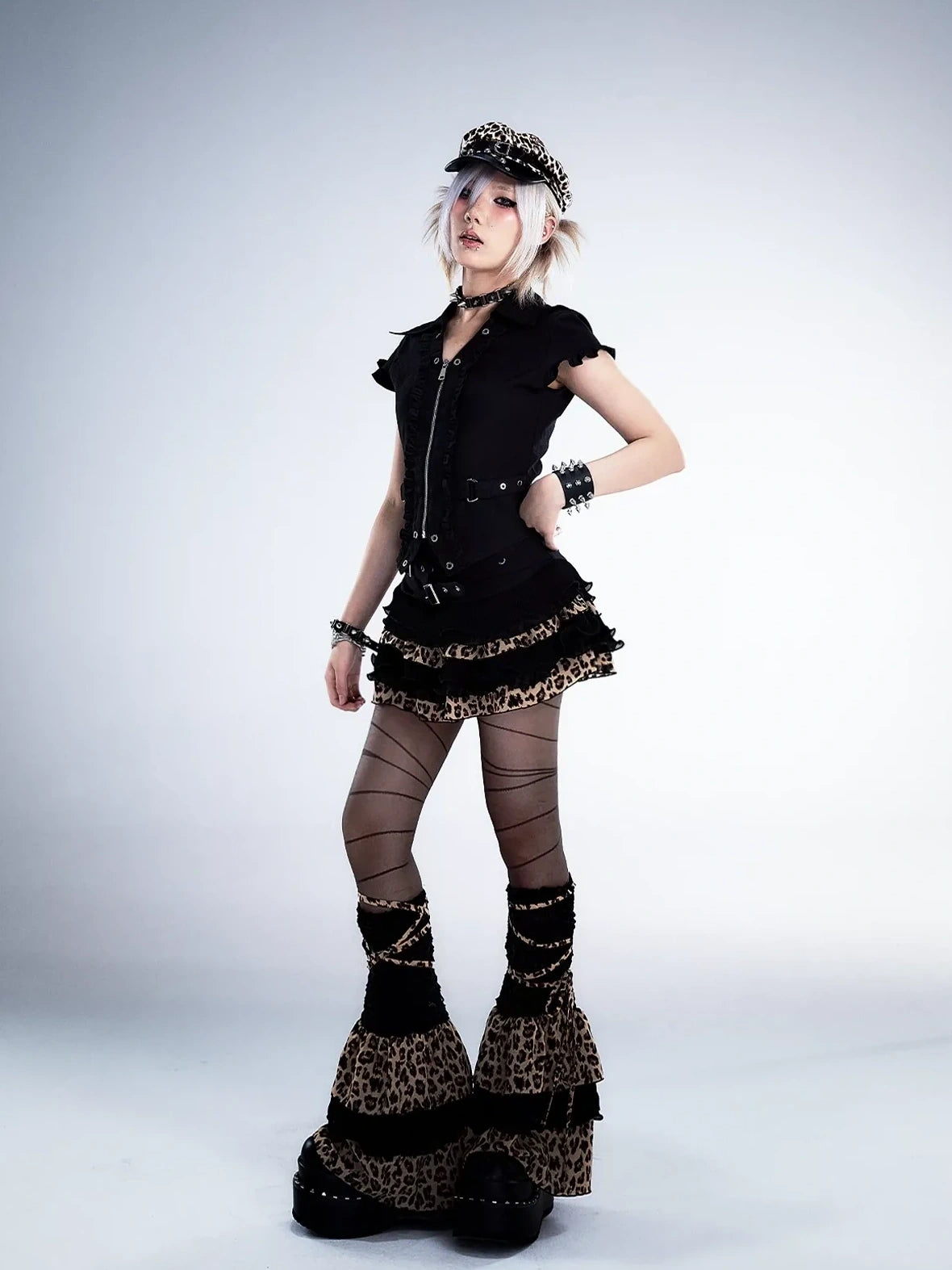 Frustration Garden Distressed Floral Leopard Print A Line Tiered Skirt