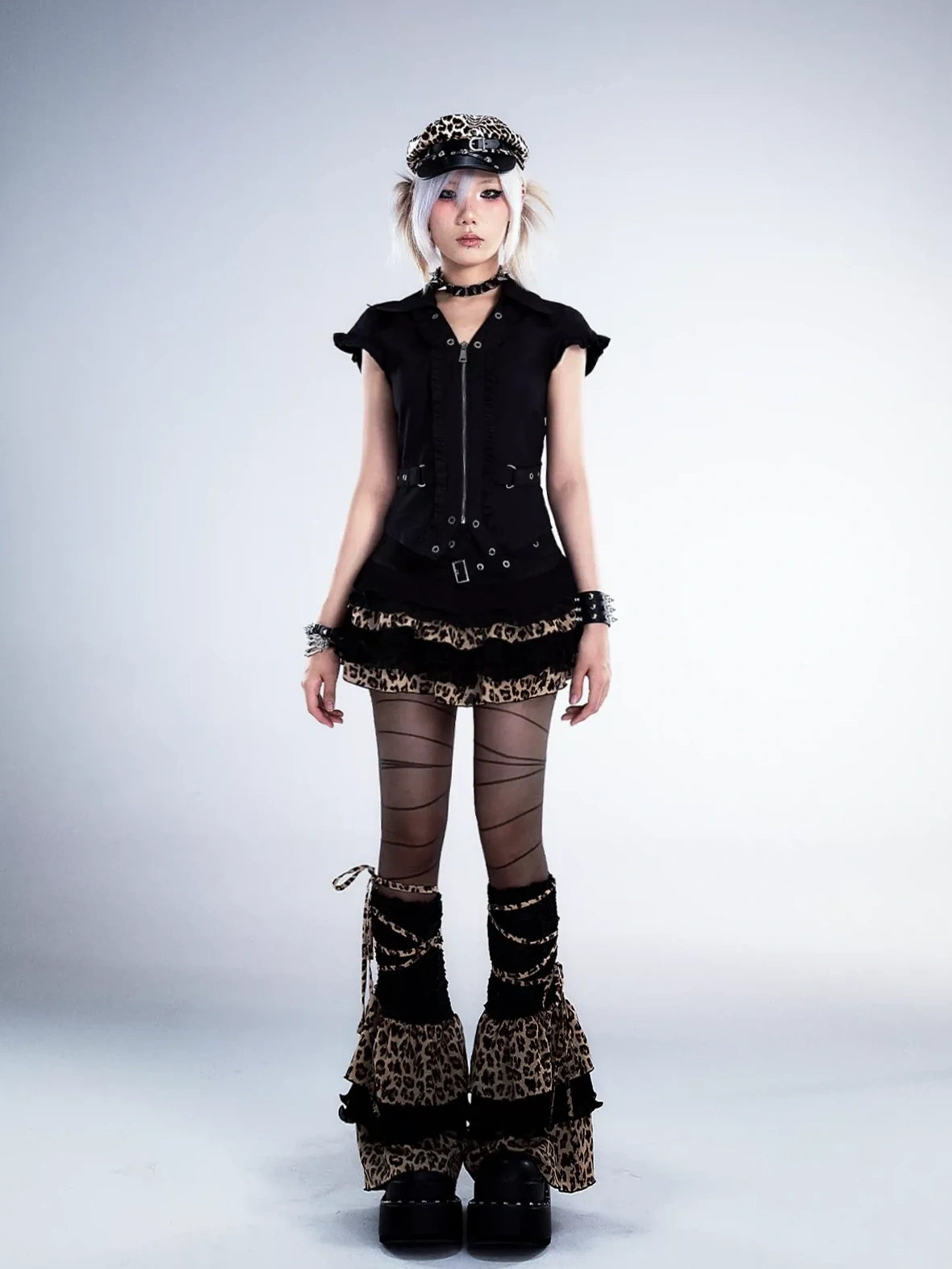 Frustration Garden Distressed Floral Leopard Print A Line Tiered Skirt