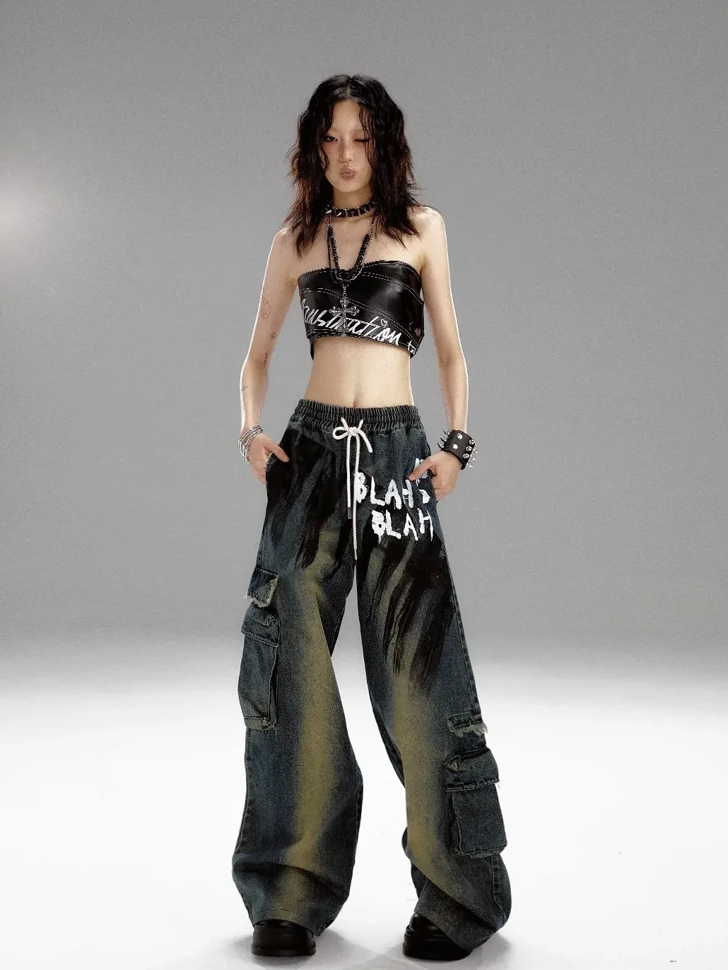 Frustration Garden Distressed Washed Graffiti Wide Leg Jeans