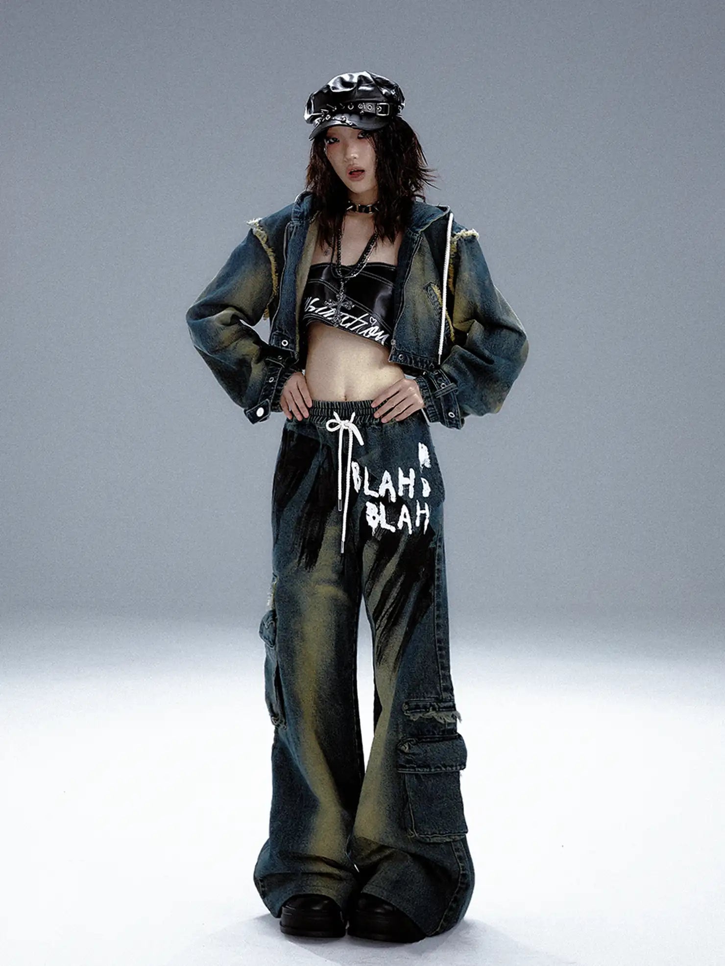 Frustration Garden Distressed Washed Graffiti Wide Leg Jeans