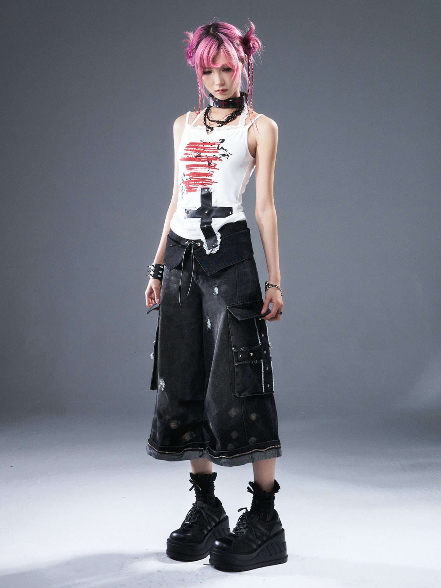 Frustration Garden Frayed Cross Patch Ripped Washed Strappy Wide Leg Women&
