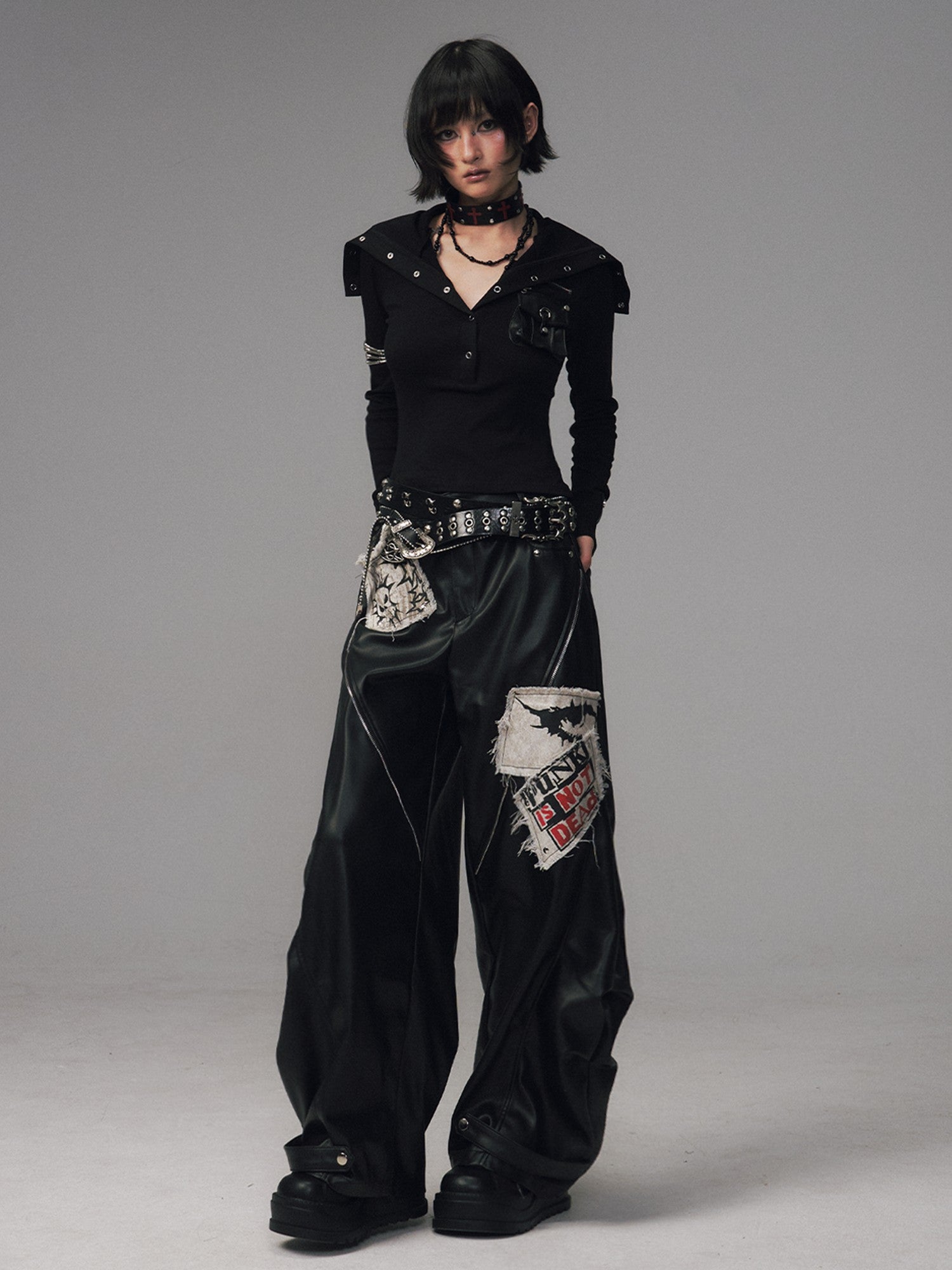Frustration Garden Frayed Studded Asymmetrical Zippered Printed Punk Women&
