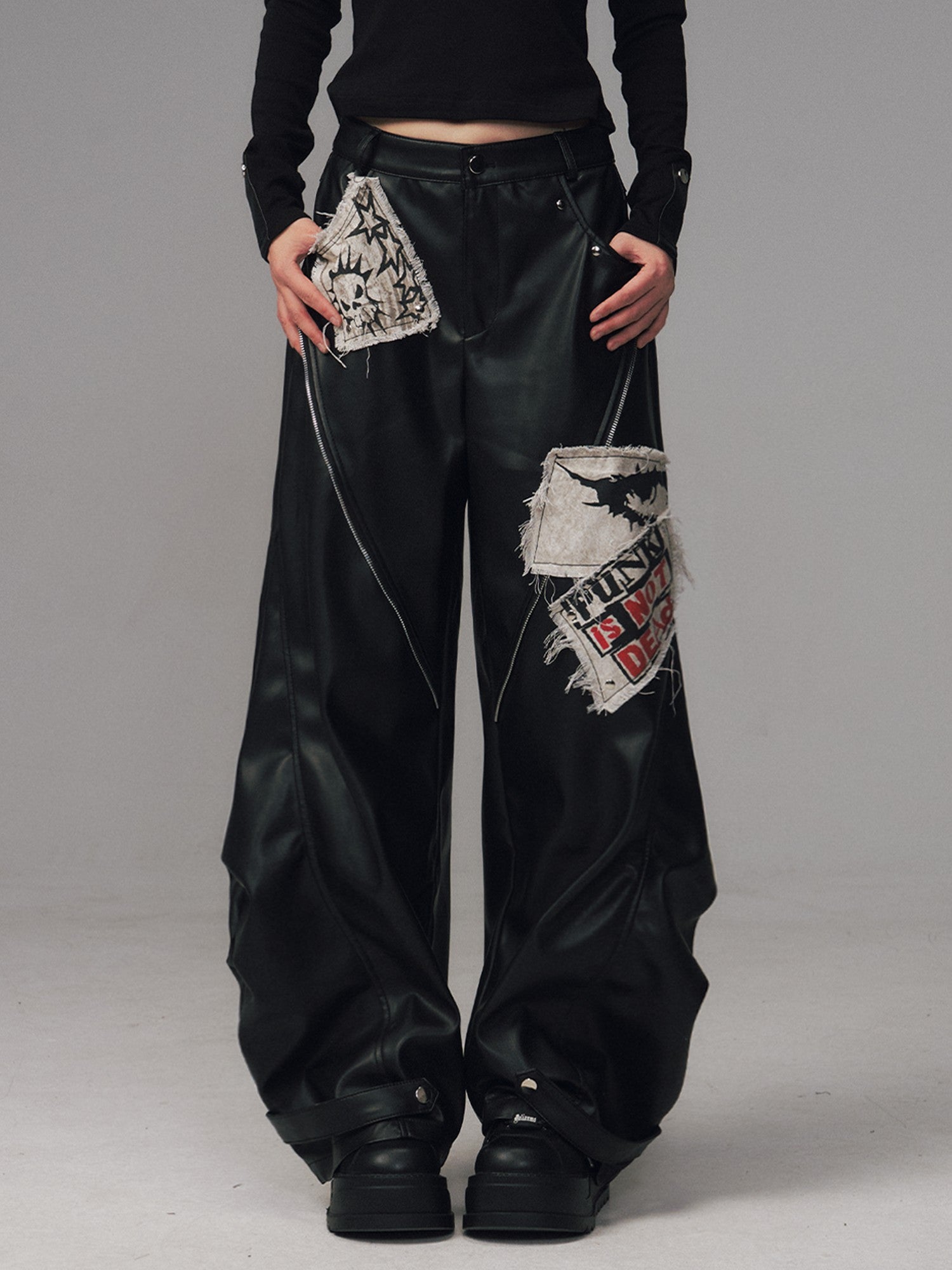 Frustration Garden Frayed Studded Asymmetrical Zippered Printed Punk Women&