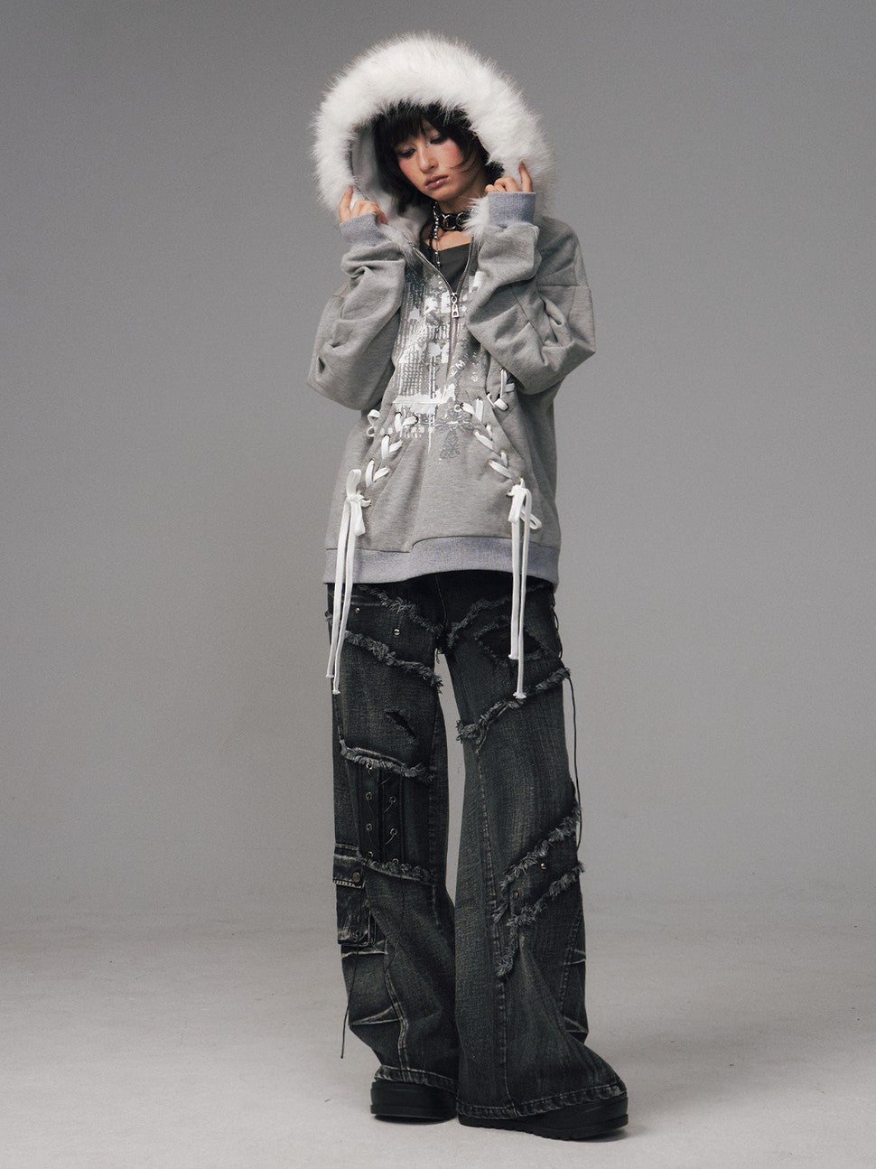 Frustration Garden Gray Printed Tie Detail Detachable Fur Collar Half Zip Women&