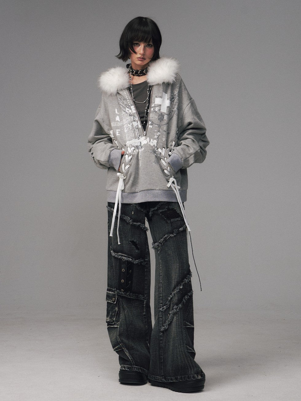 Frustration Garden Gray Printed Tie Detail Detachable Fur Collar Half Zip Women&