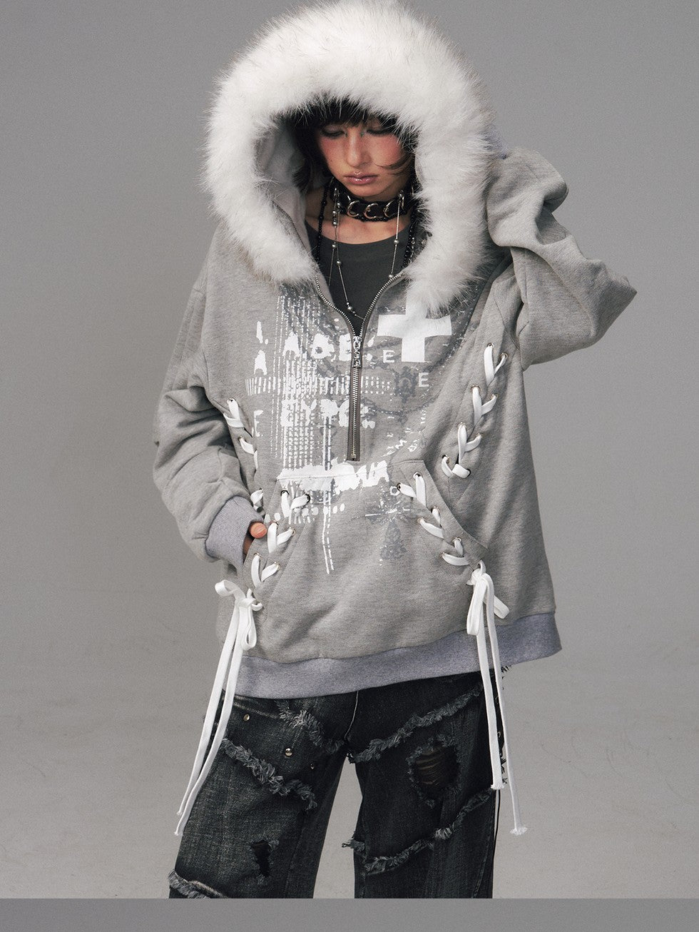 Frustration Garden Gray Printed Tie Detail Detachable Fur Collar Half Zip Women&
