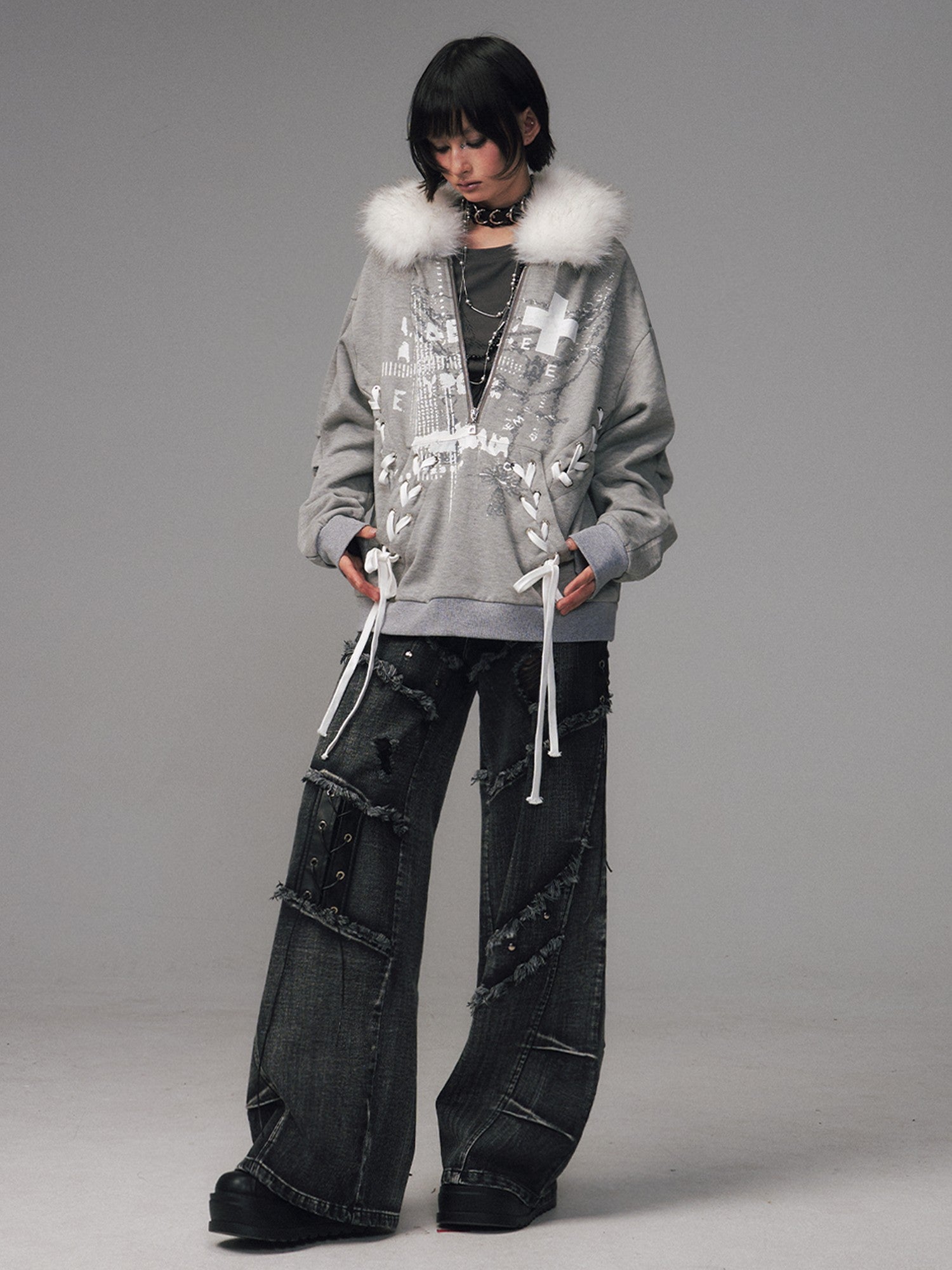Frustration Garden Gray Printed Tie Detail Detachable Fur Collar Half Zip Women&