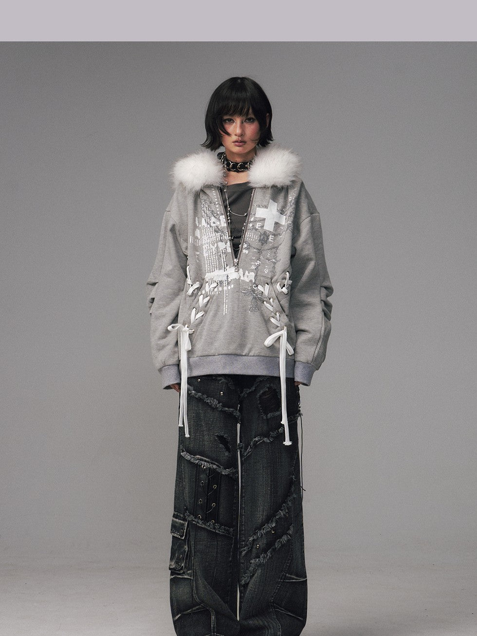 Frustration Garden Gray Printed Tie Detail Detachable Fur Collar Half Zip Women&