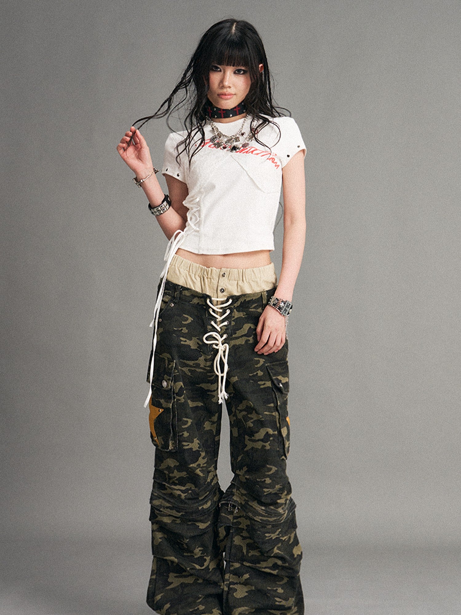 Frustration Garden Lace Tie Print Punk Street Short Sleeve Women&