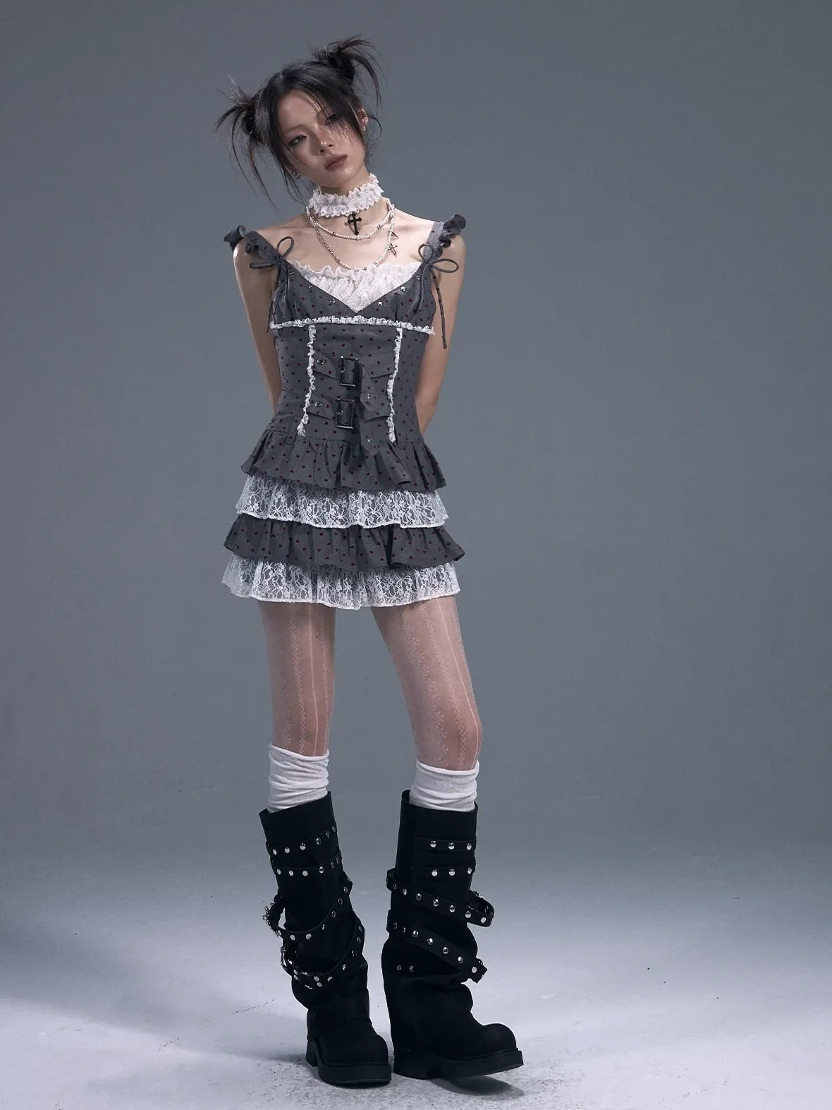 Frustration Garden Lace Trim Punk Corset Tiered Mini Dress