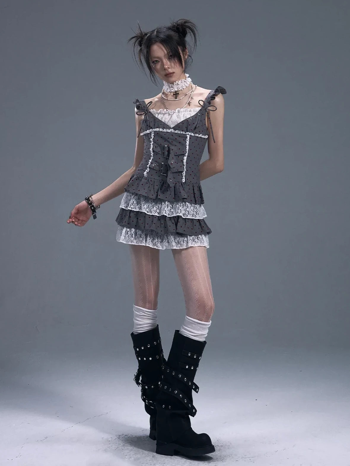 Frustration Garden Lace Trim Punk Corset Tiered Mini Dress