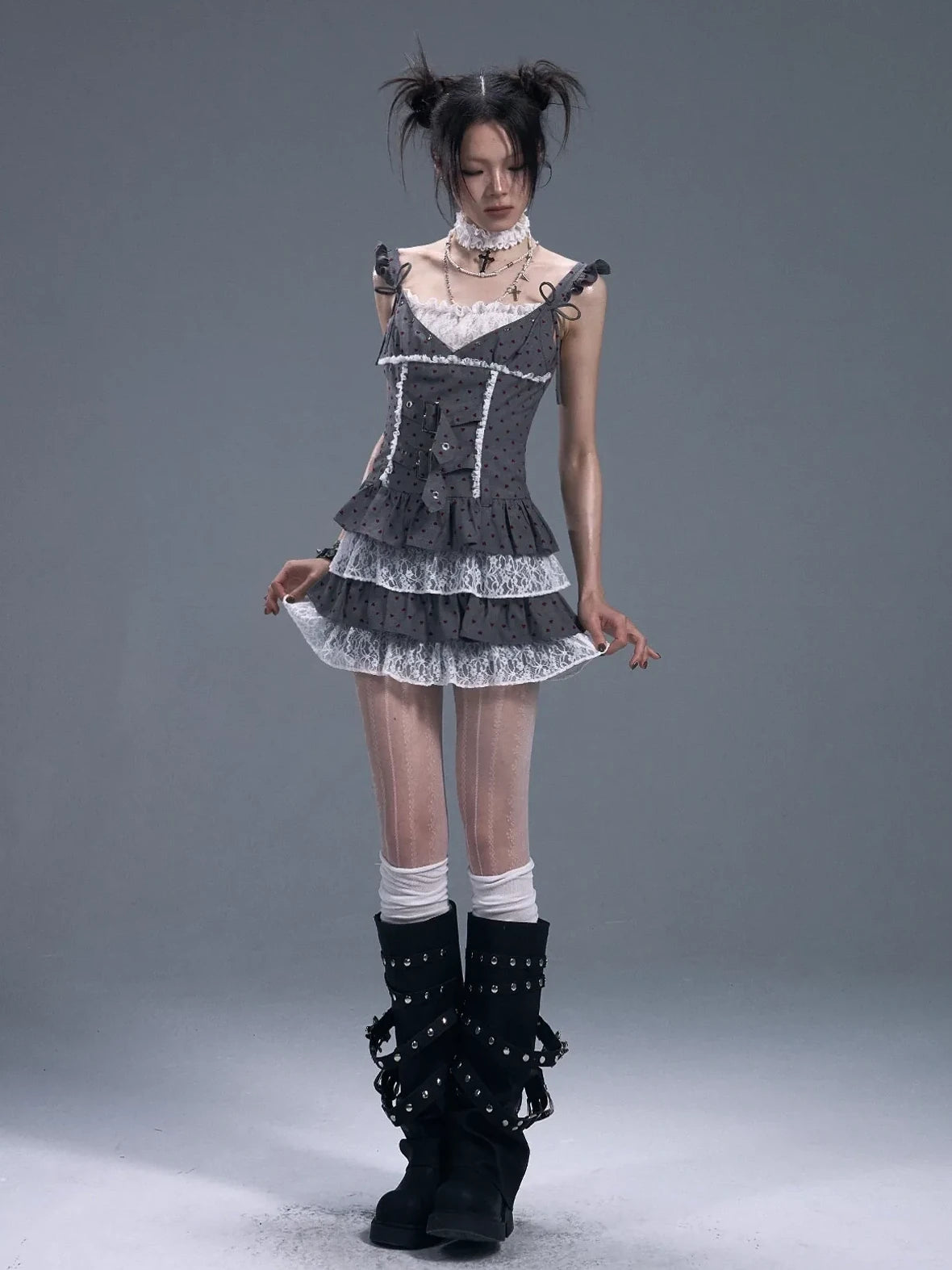 Frustration Garden Lace Trim Punk Corset Tiered Mini Dress