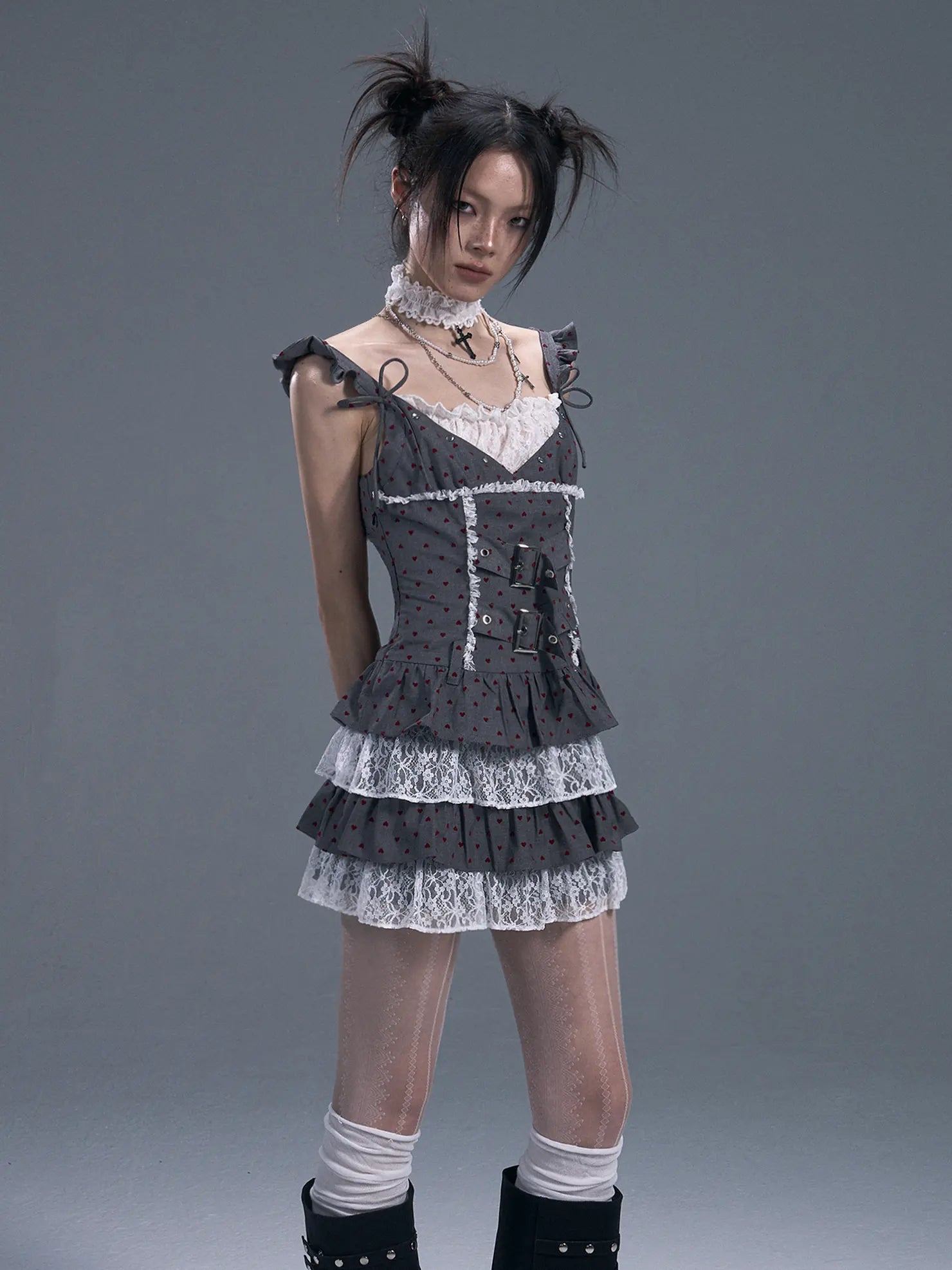 Frustration Garden Lace Trim Punk Corset Tiered Mini Dress