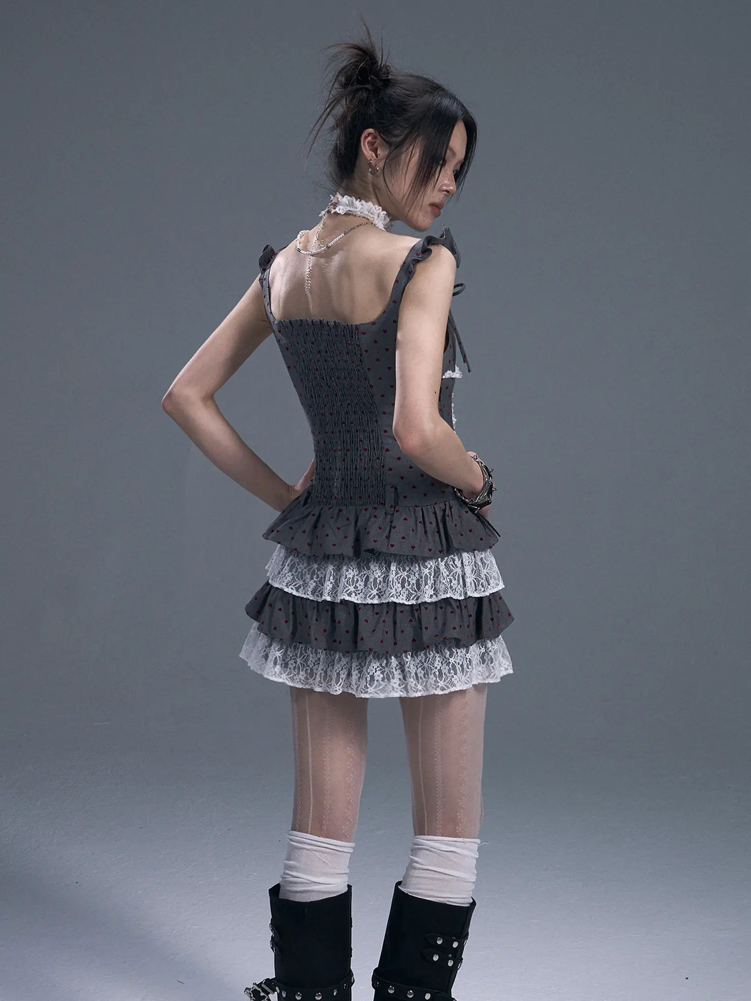 Frustration Garden Lace Trim Punk Corset Tiered Mini Dress