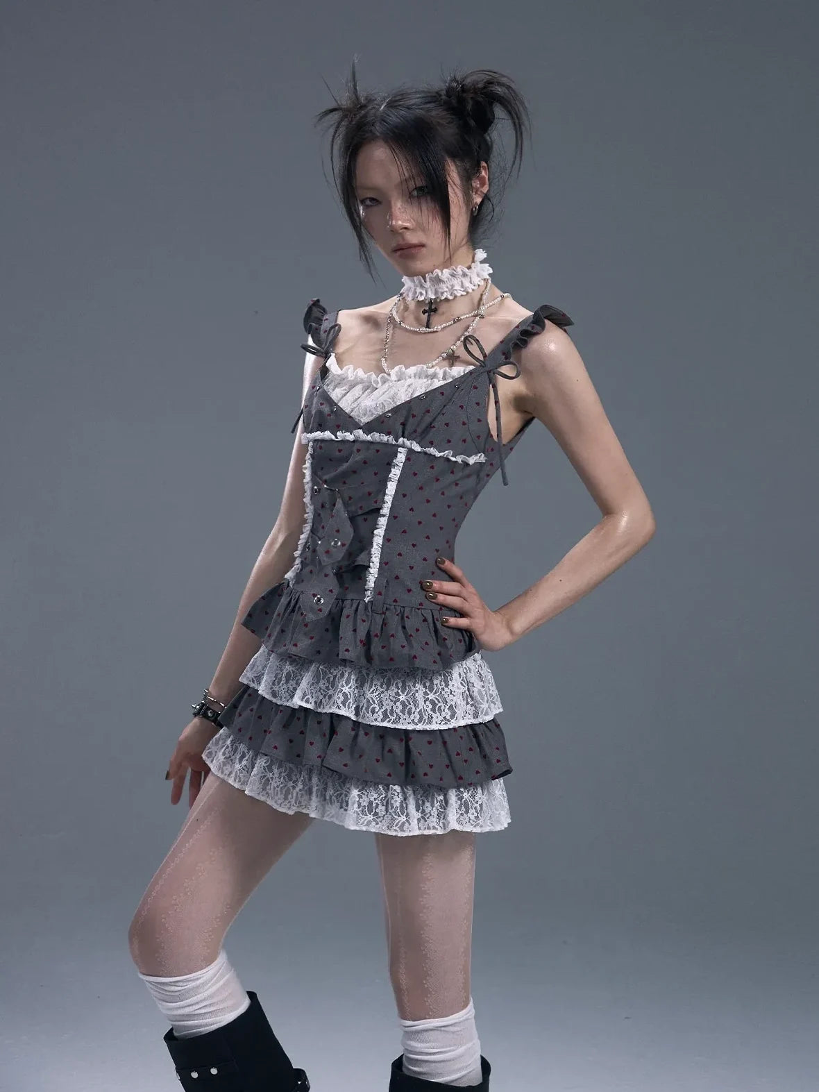 Frustration Garden Lace Trim Punk Corset Tiered Mini Dress