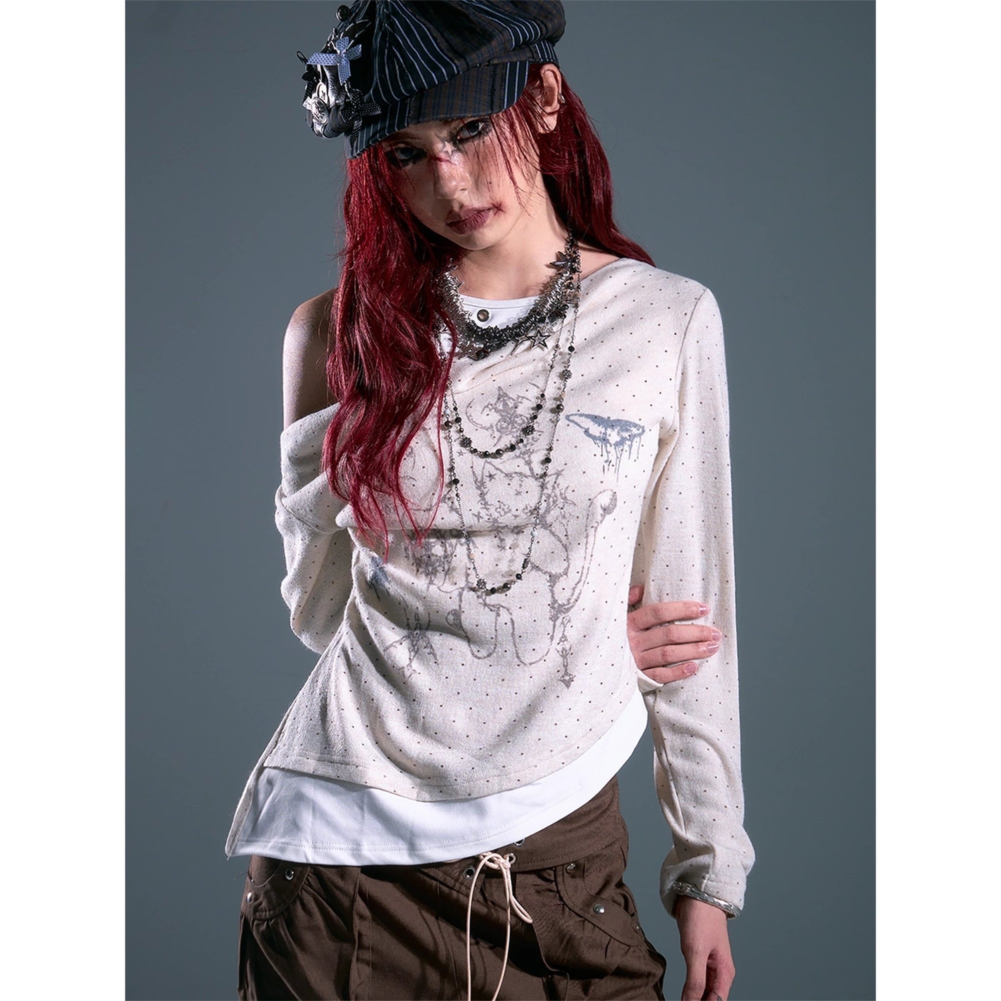 Frustration_Garden_Light_Asian_Retro_Polka_Dot_Print_Layered_Knit_Top_MISSTT