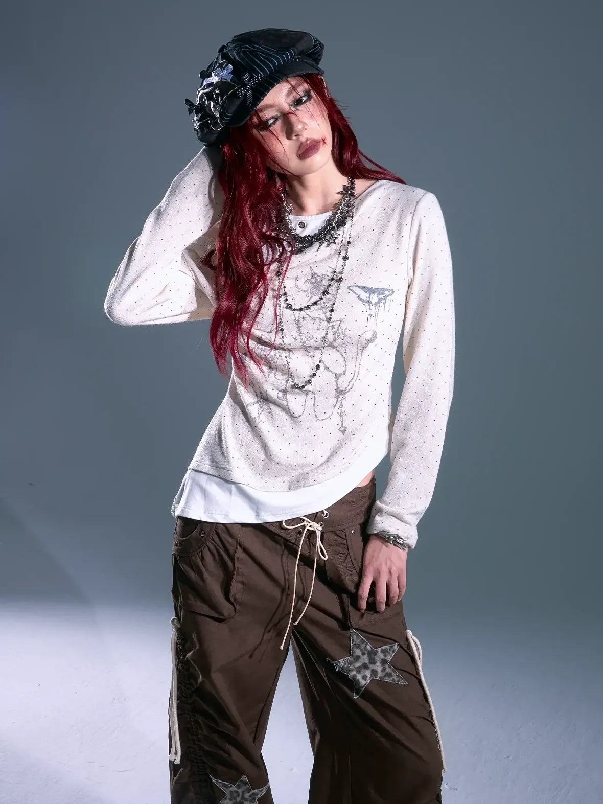 Frustration Garden Light Asian Retro Polka Dot Print Layered Knit Top