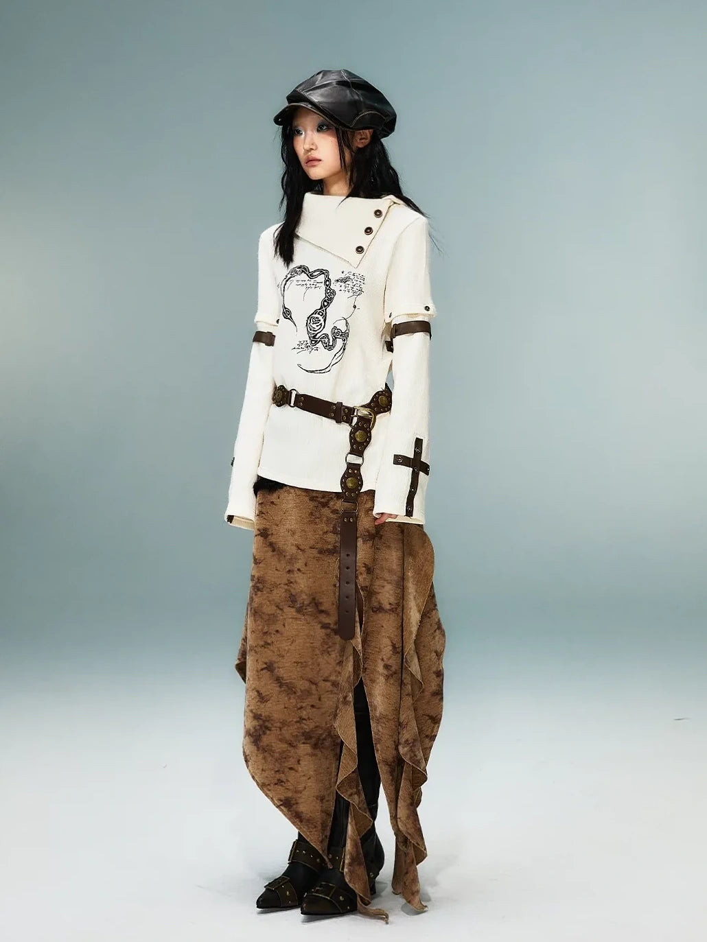 Frustration Garden Light Punk Retro Collar Detachable Sleeve Print Knit Top