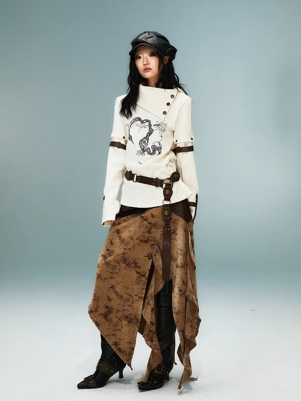 Frustration Garden Light Punk Retro Collar Detachable Sleeve Print Knit Top