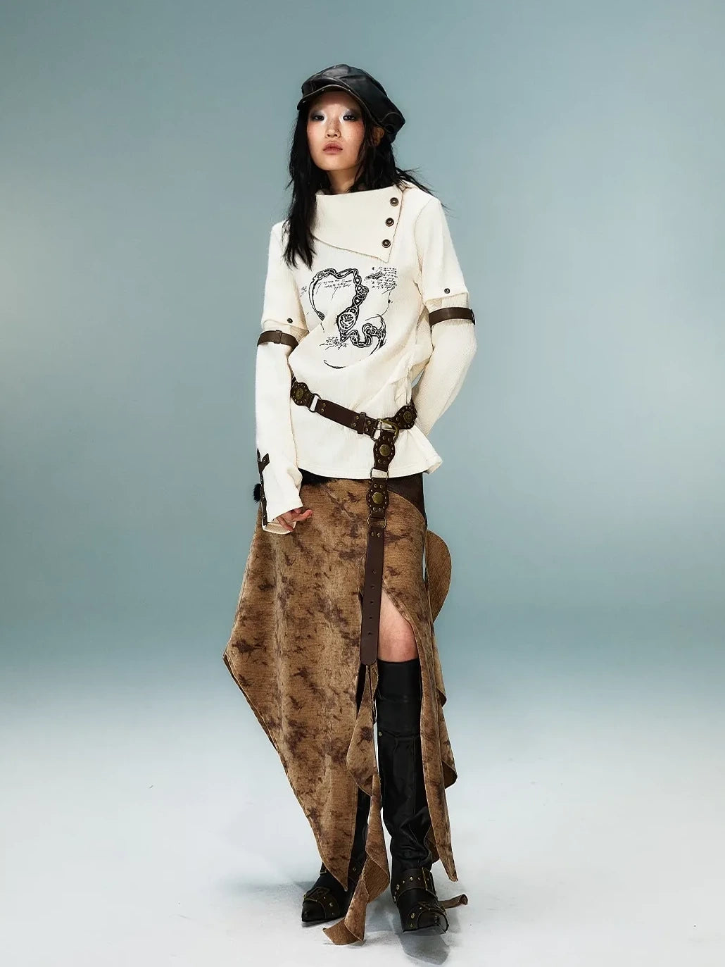 Frustration Garden Light Punk Retro Collar Detachable Sleeve Print Knit Top