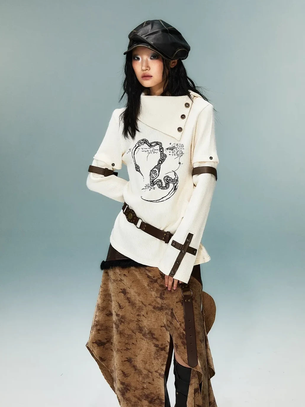 Frustration Garden Light Punk Retro Collar Detachable Sleeve Print Knit Top