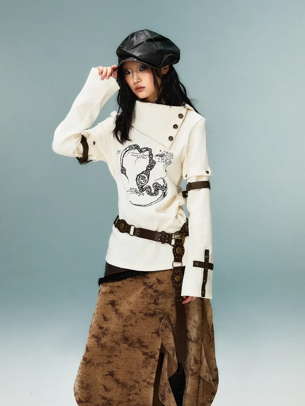 Frustration Garden Light Punk Retro Collar Detachable Sleeve Print Knit Top