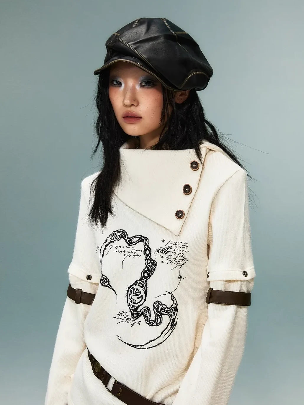 Frustration Garden Light Punk Retro Collar Detachable Sleeve Print Knit Top