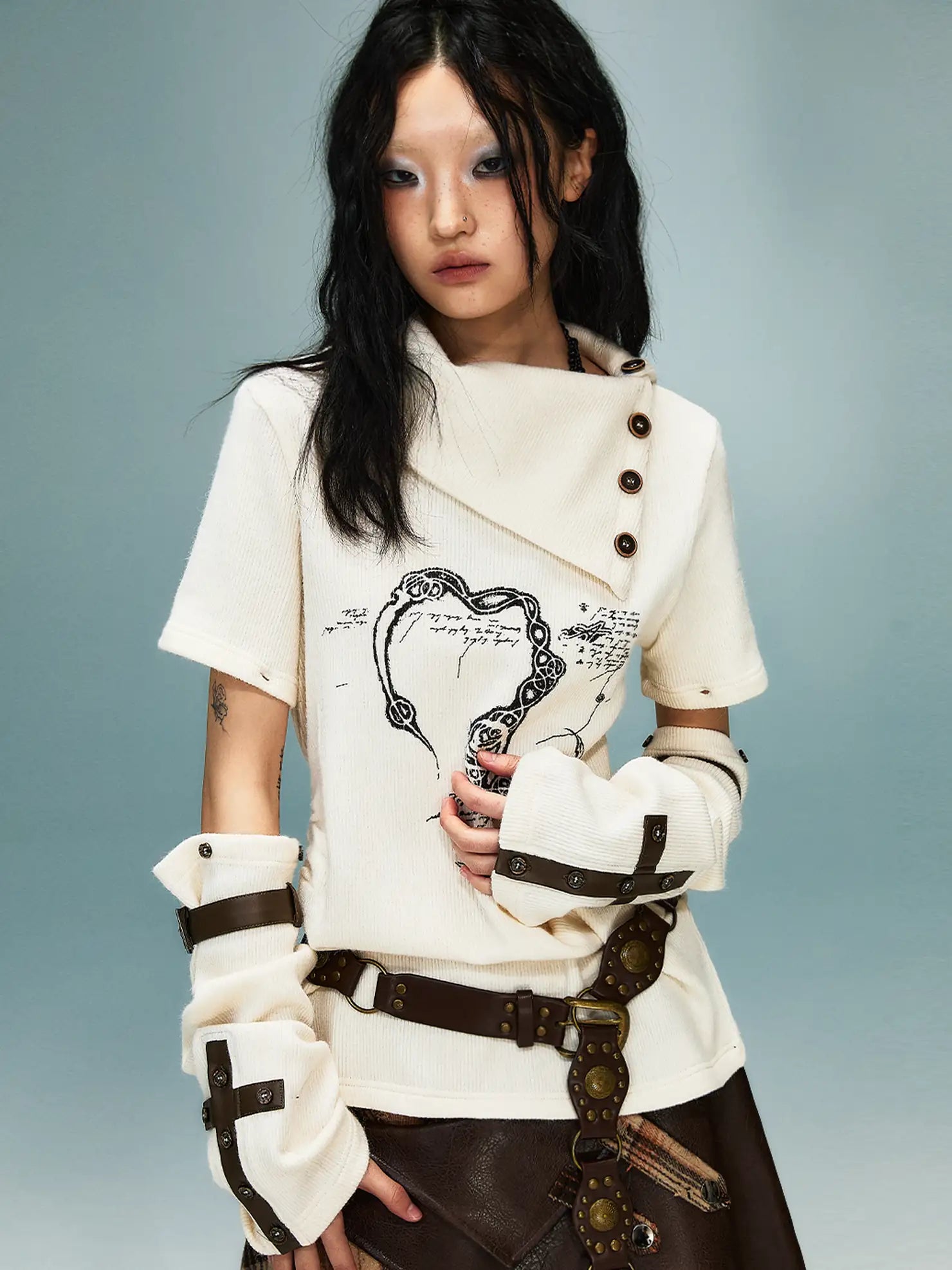 Frustration Garden Light Punk Retro Collar Detachable Sleeve Print Knit Top