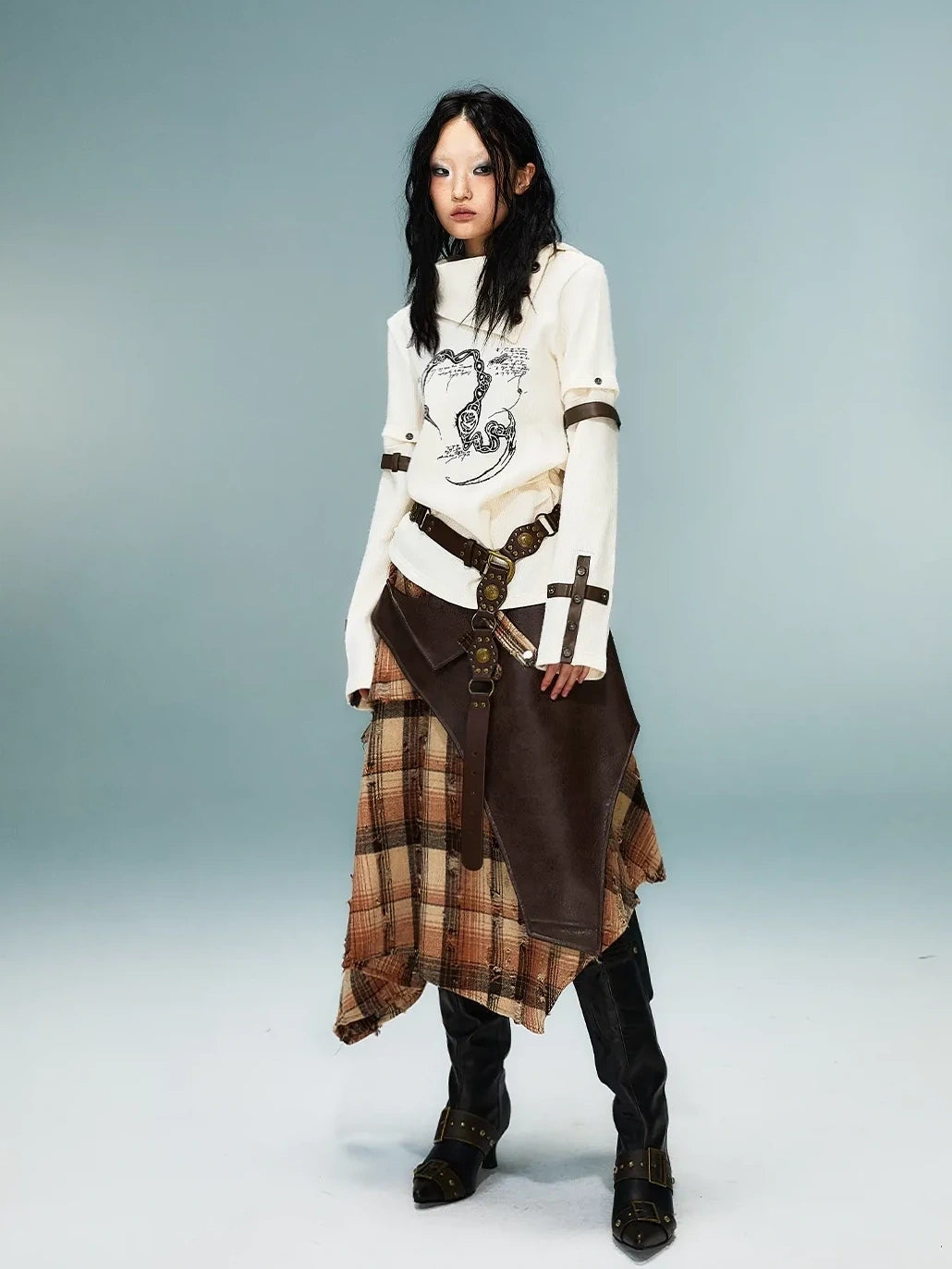 Frustration Garden Light Punk Retro Collar Detachable Sleeve Print Knit Top