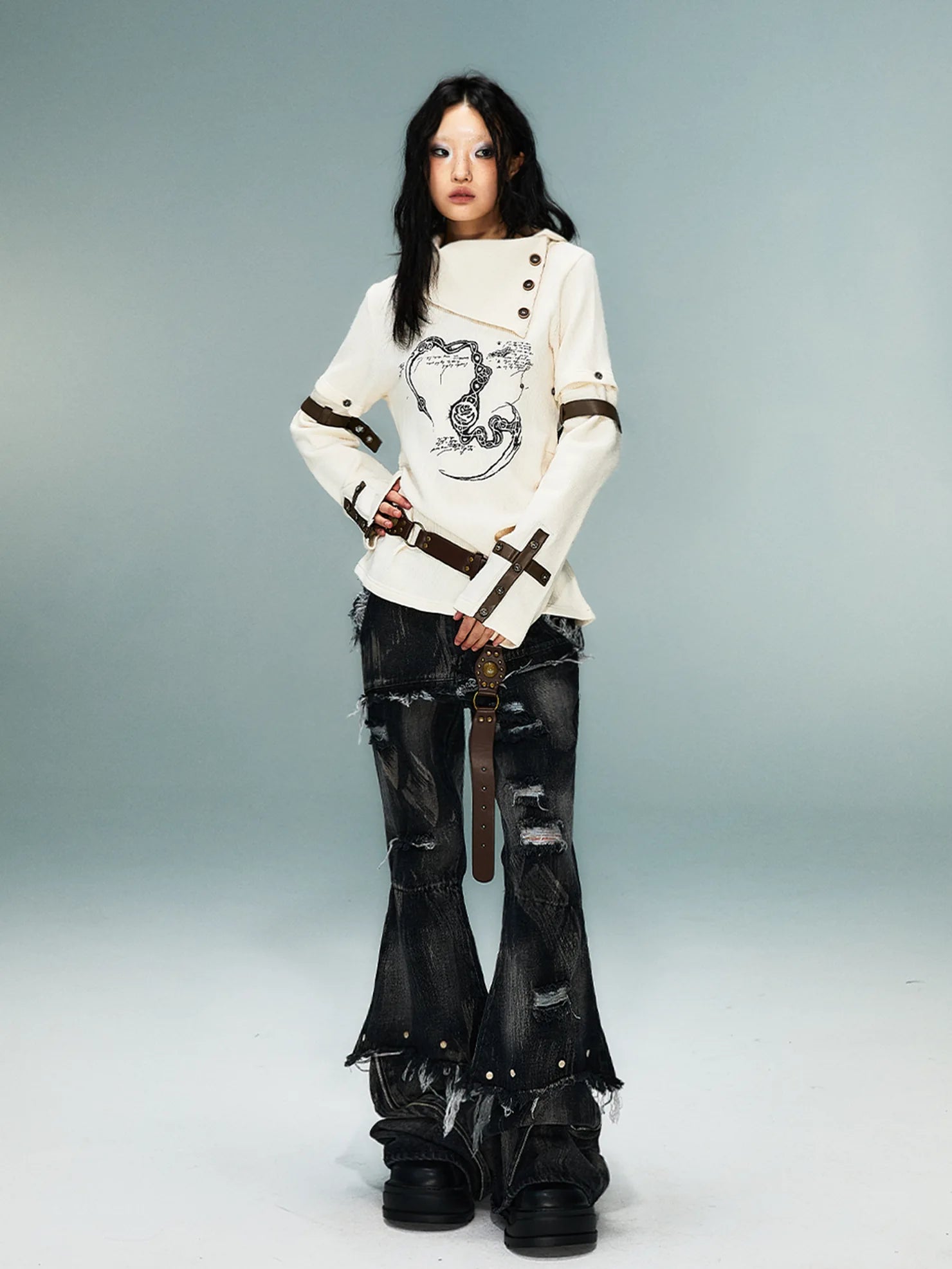 Frustration Garden Light Punk Retro Collar Detachable Sleeve Print Knit Top