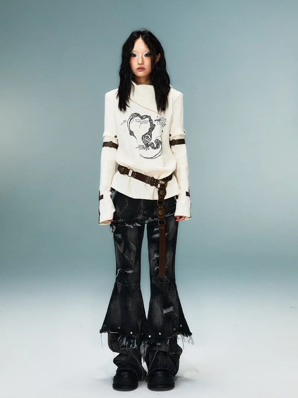 Frustration Garden Light Punk Retro Collar Detachable Sleeve Print Knit Top