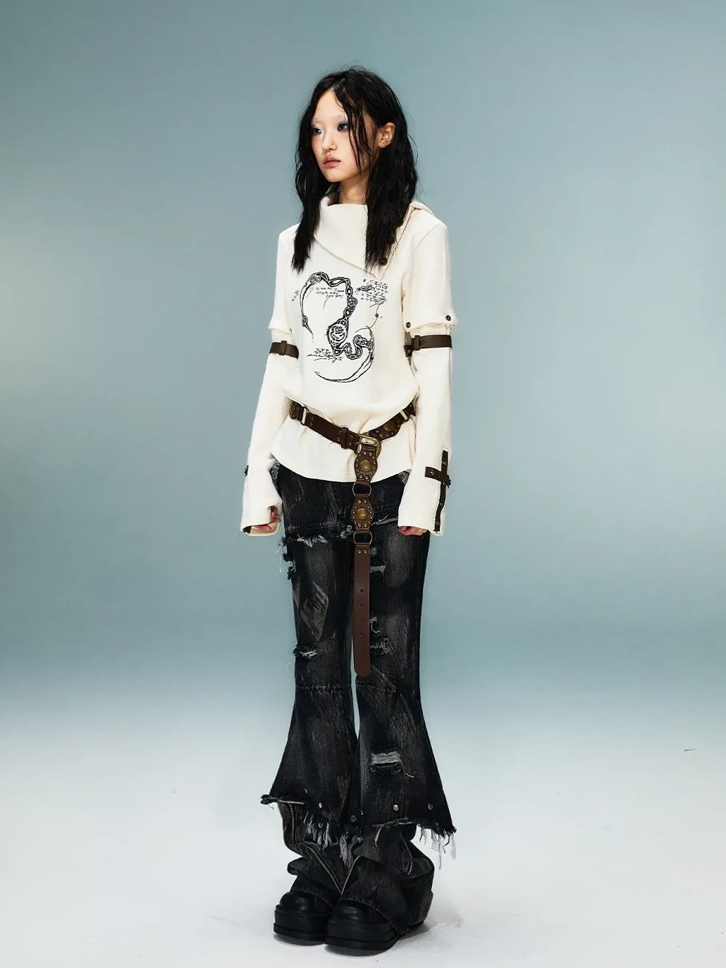 Frustration Garden Light Punk Retro Collar Detachable Sleeve Print Knit Top