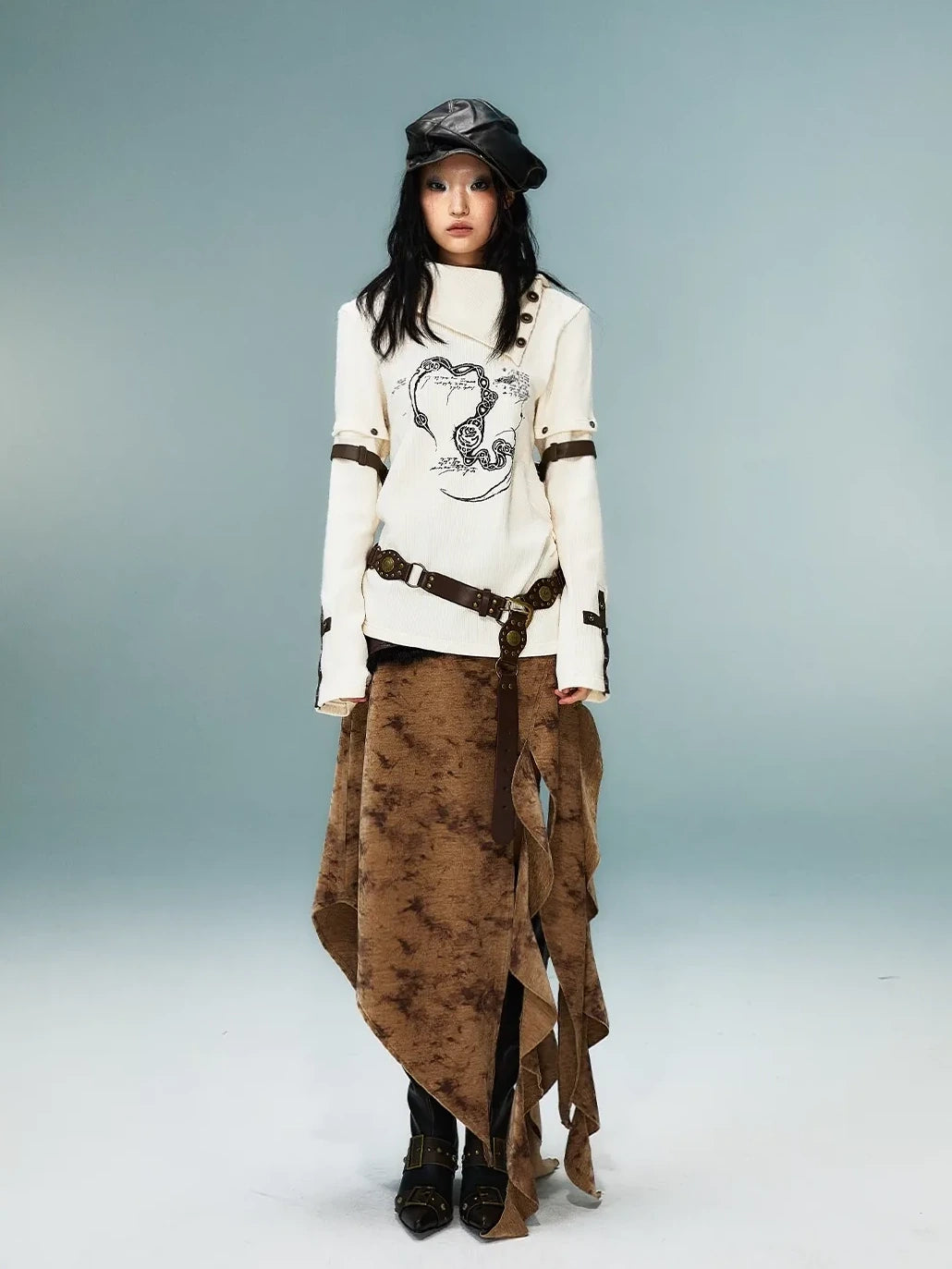 Frustration Garden Light Punk Retro Collar Detachable Sleeve Print Knit Top