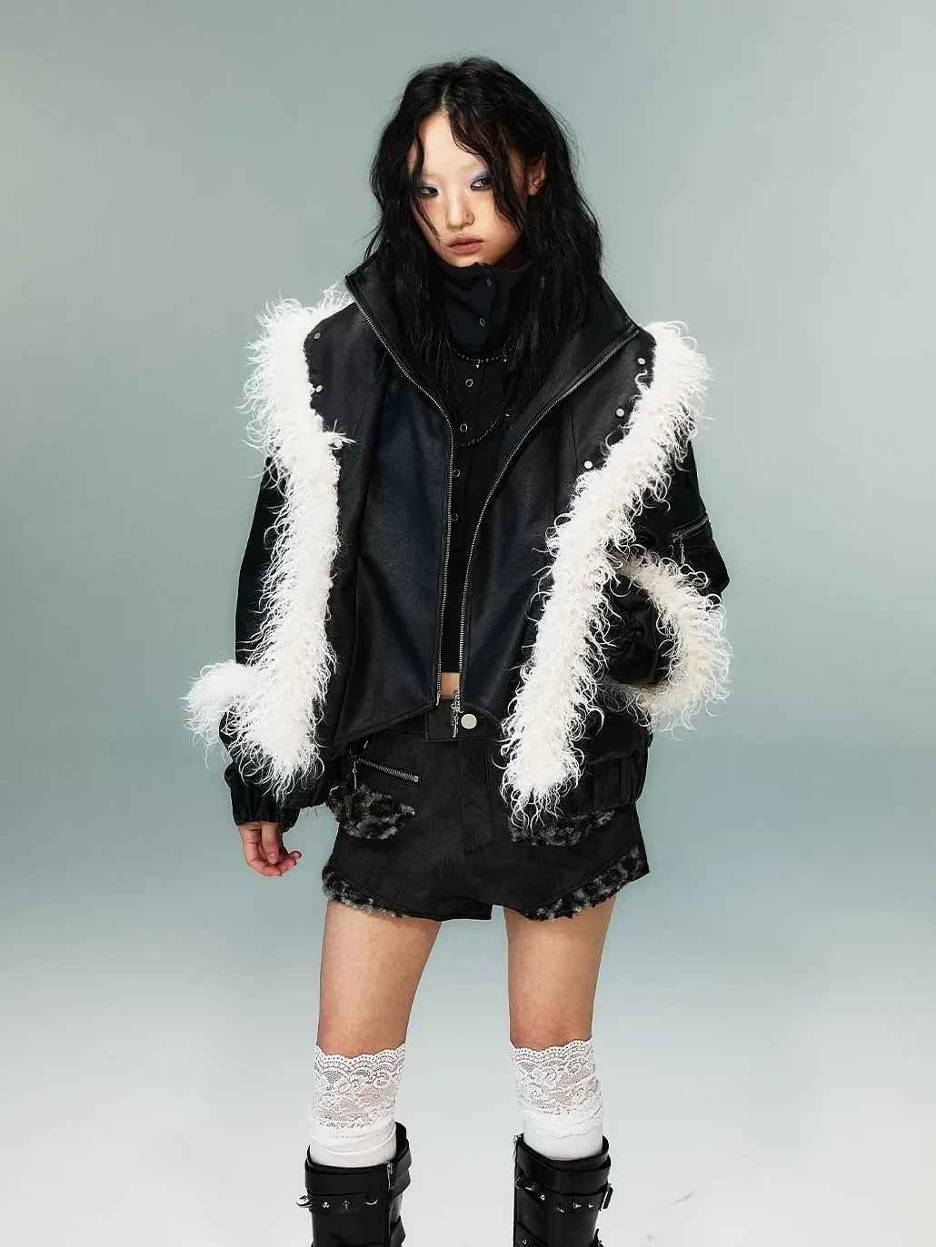 Frustration Garden Light Punk Retro Two Tone Quilted Pu Jacket