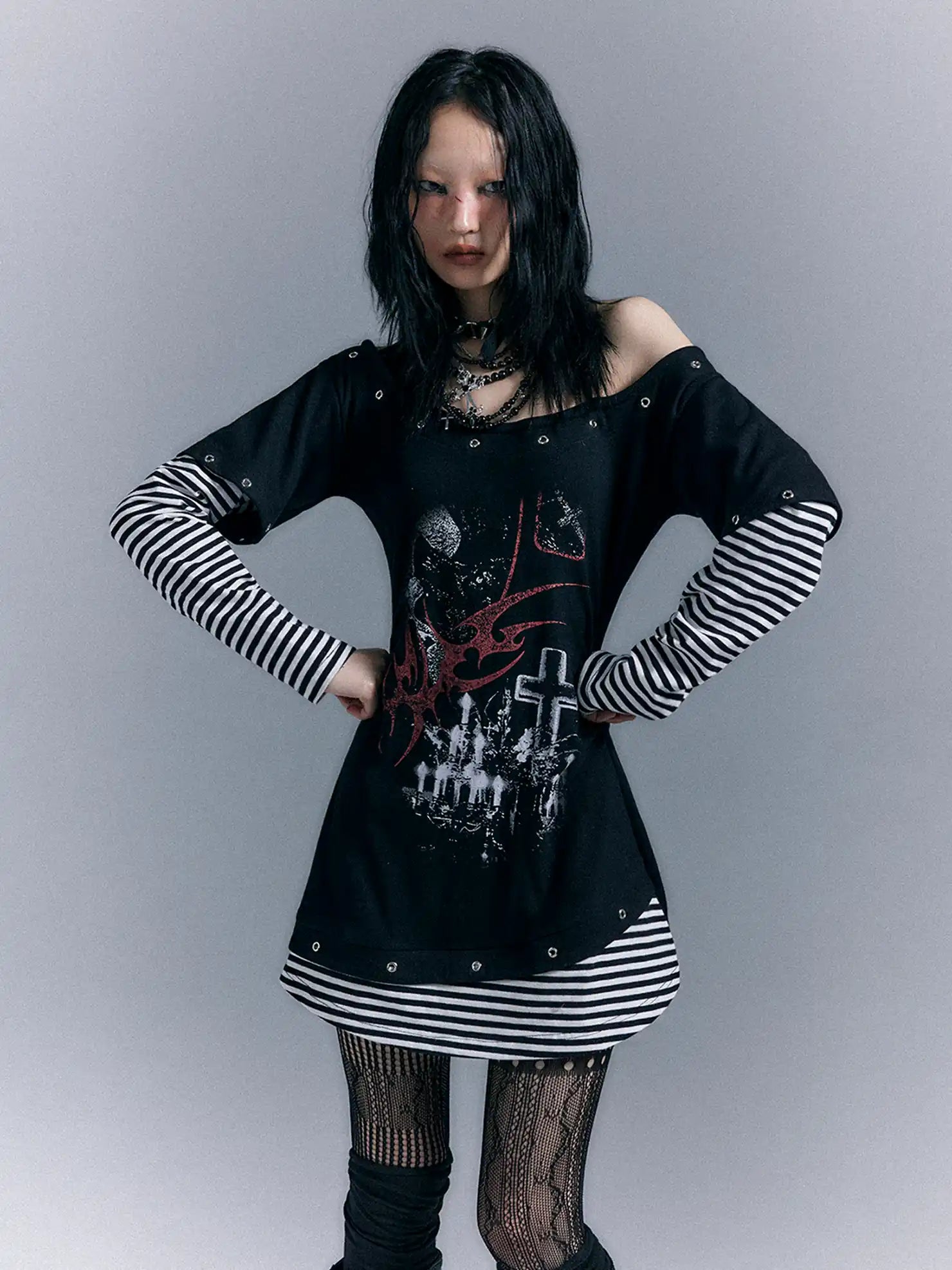 Frustration Garden Light Punk Stripe Print Fitted V-neck T-shirt Long-Sleeve Dress