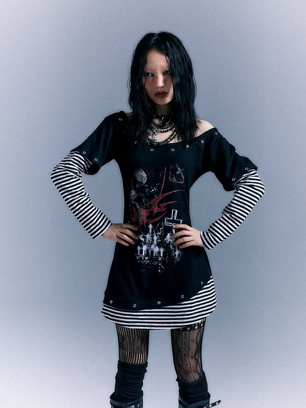 Frustration Garden Light Punk Stripe Print Fitted V-neck T-shirt Long-Sleeve Dress