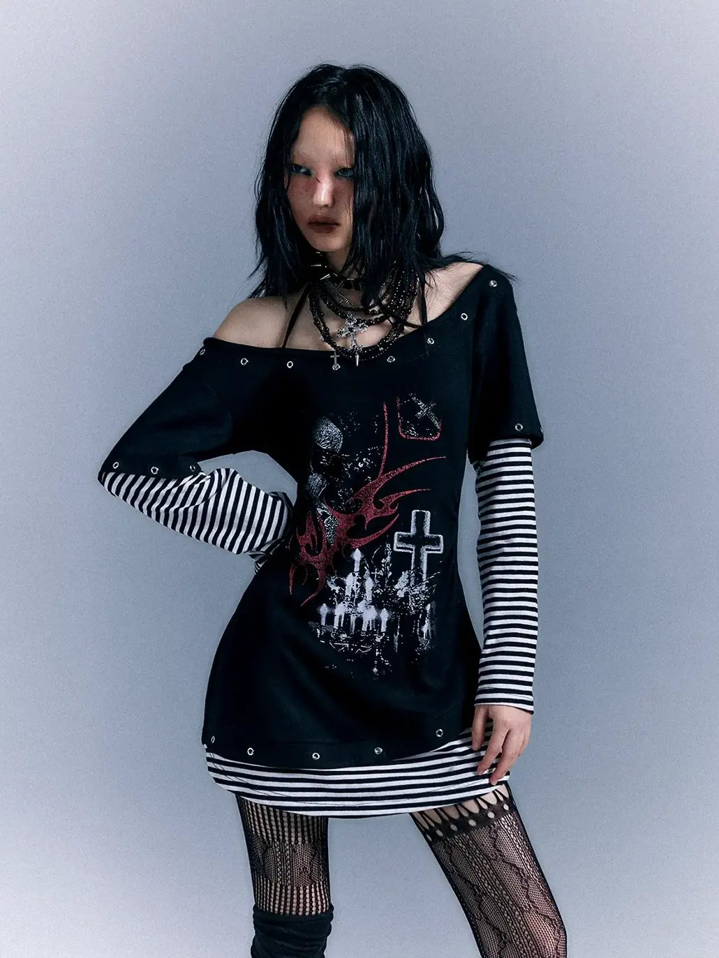 Frustration Garden Light Punk Stripe Print Fitted V-neck T-shirt Long-Sleeve Dress