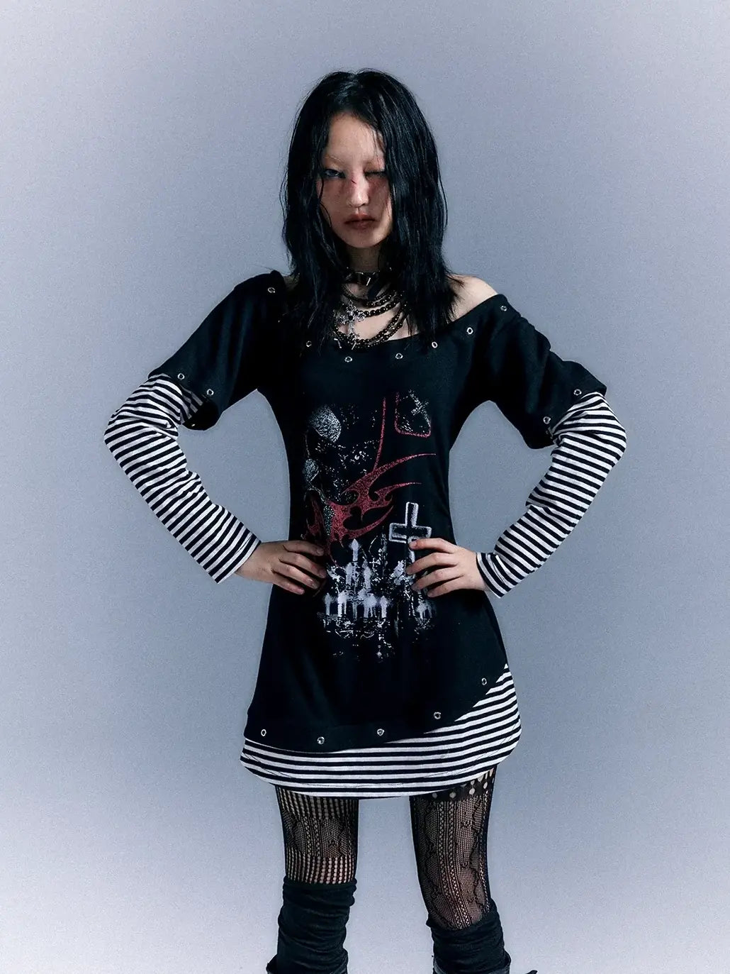 Frustration Garden Light Punk Stripe Print Fitted V-neck T-shirt Long-Sleeve Dress