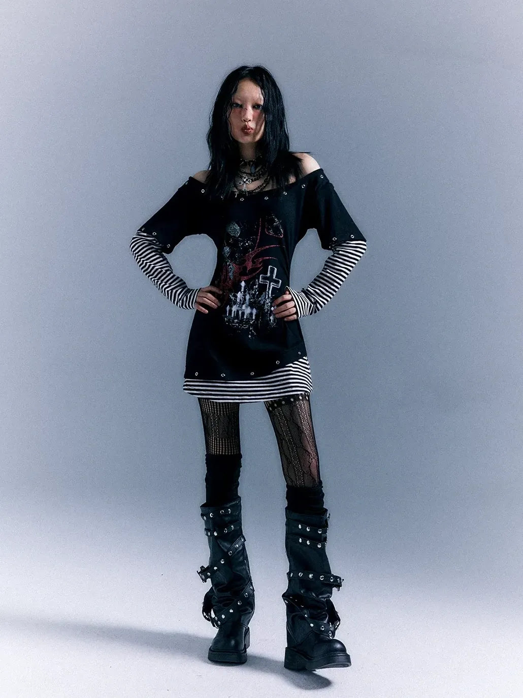 Frustration Garden Light Punk Stripe Print Fitted V-neck T-shirt Long-Sleeve Dress