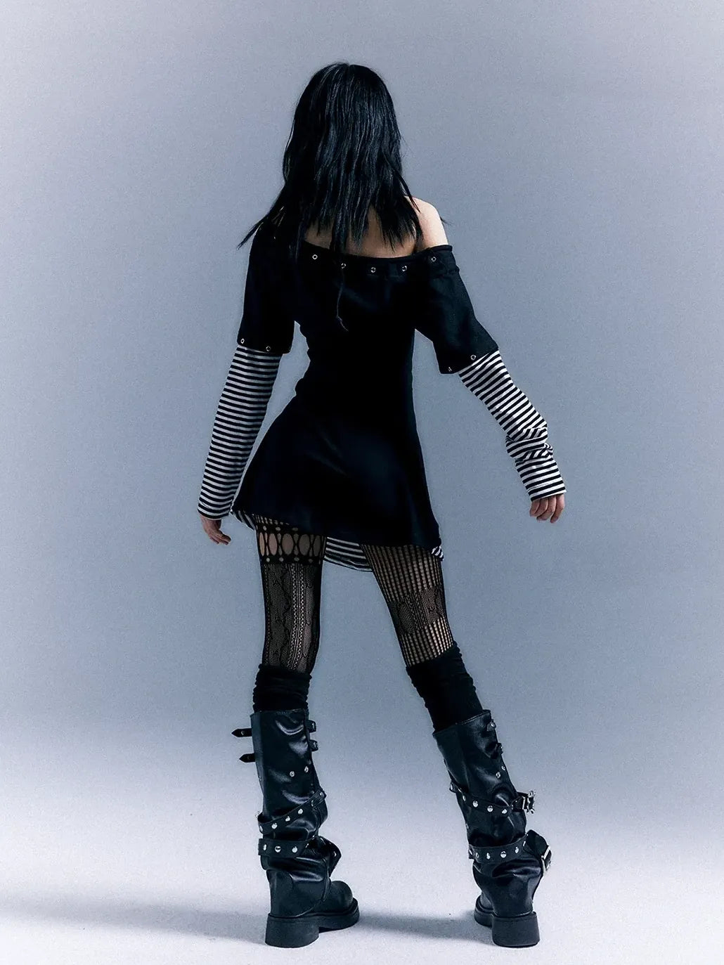 Frustration Garden Light Punk Stripe Print Fitted V-neck T-shirt Long-Sleeve Dress