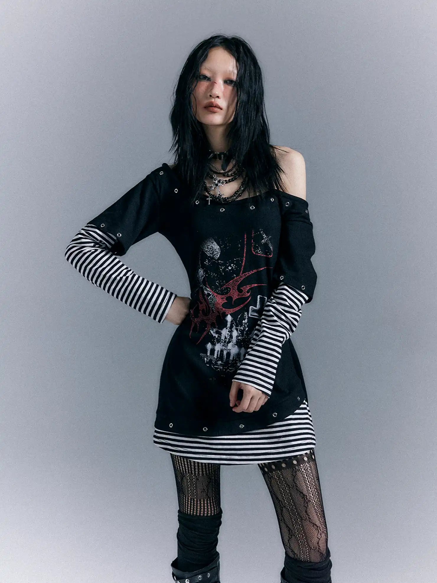 Frustration Garden Light Punk Stripe Print Fitted V-neck T-shirt Long-Sleeve Dress