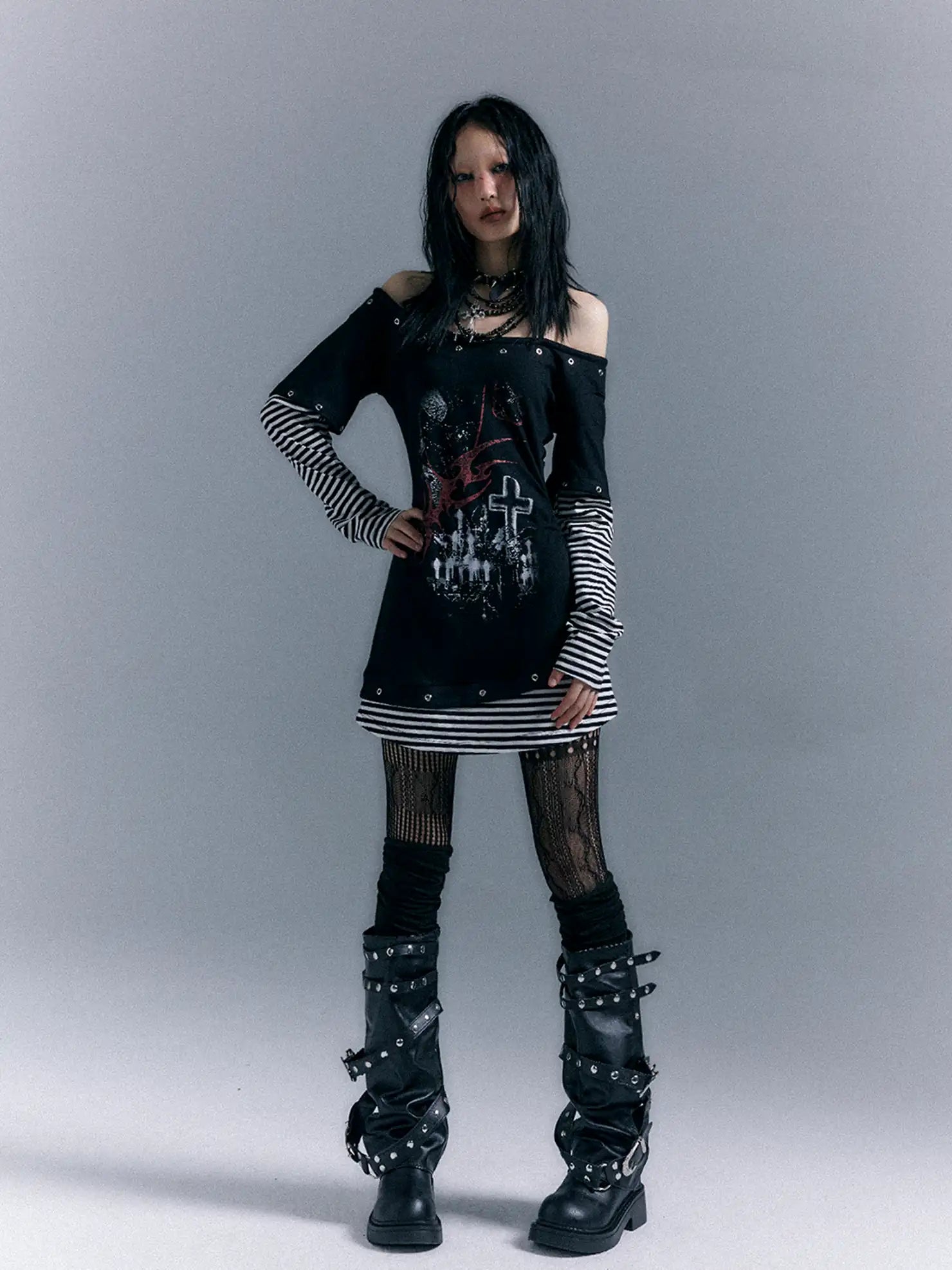 Frustration Garden Light Punk Stripe Print Fitted V-neck T-shirt Long-Sleeve Dress