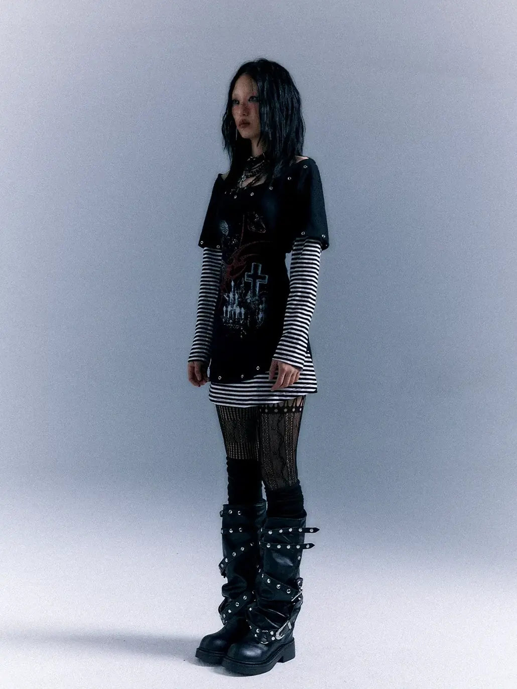 Frustration Garden Light Punk Stripe Print Fitted V-neck T-shirt Long-Sleeve Dress