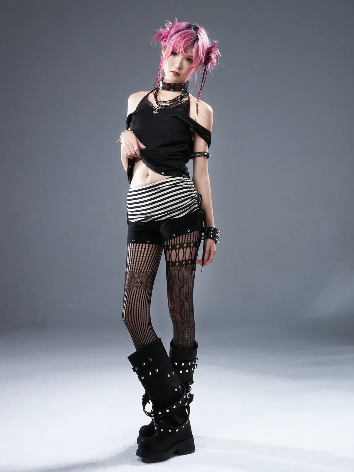 Frustration Garden Low Waist Ribbed Stripe Drawstring Punk Shorts