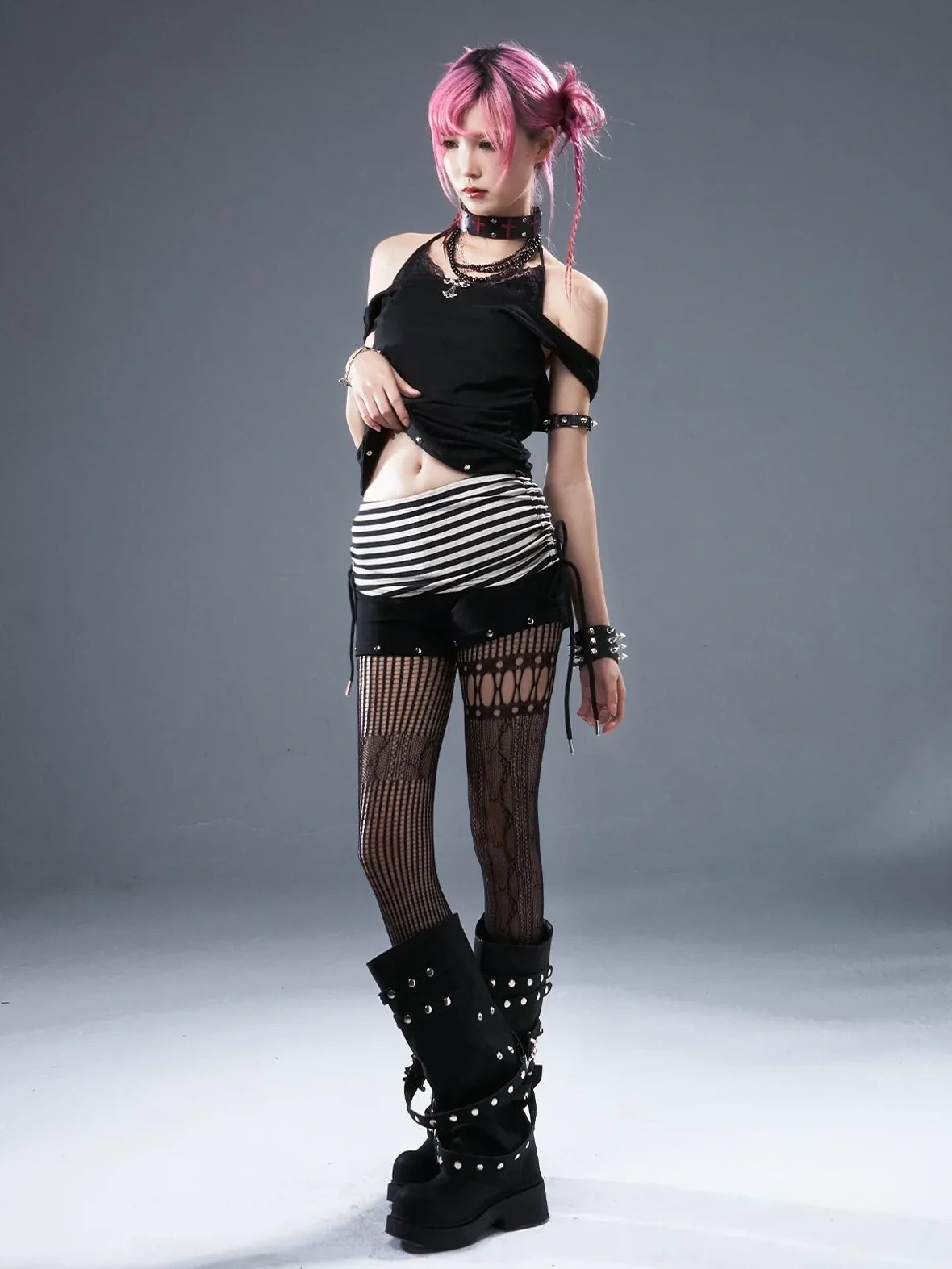 Frustration Garden Low Waist Ribbed Stripe Drawstring Punk Shorts