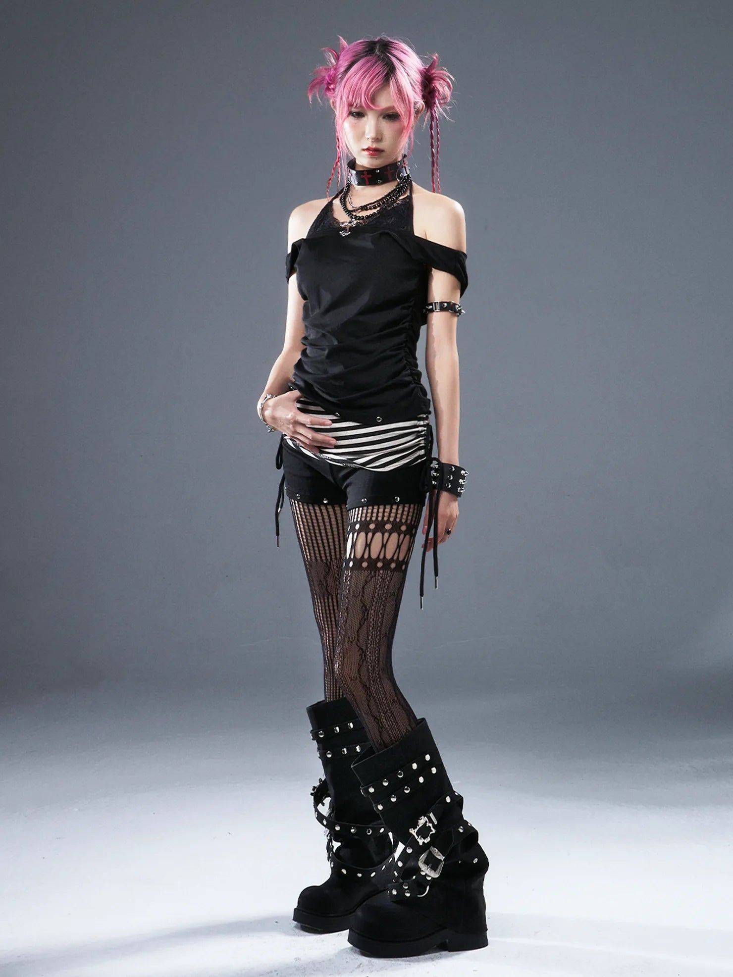 Frustration Garden Low Waist Ribbed Stripe Drawstring Punk Shorts